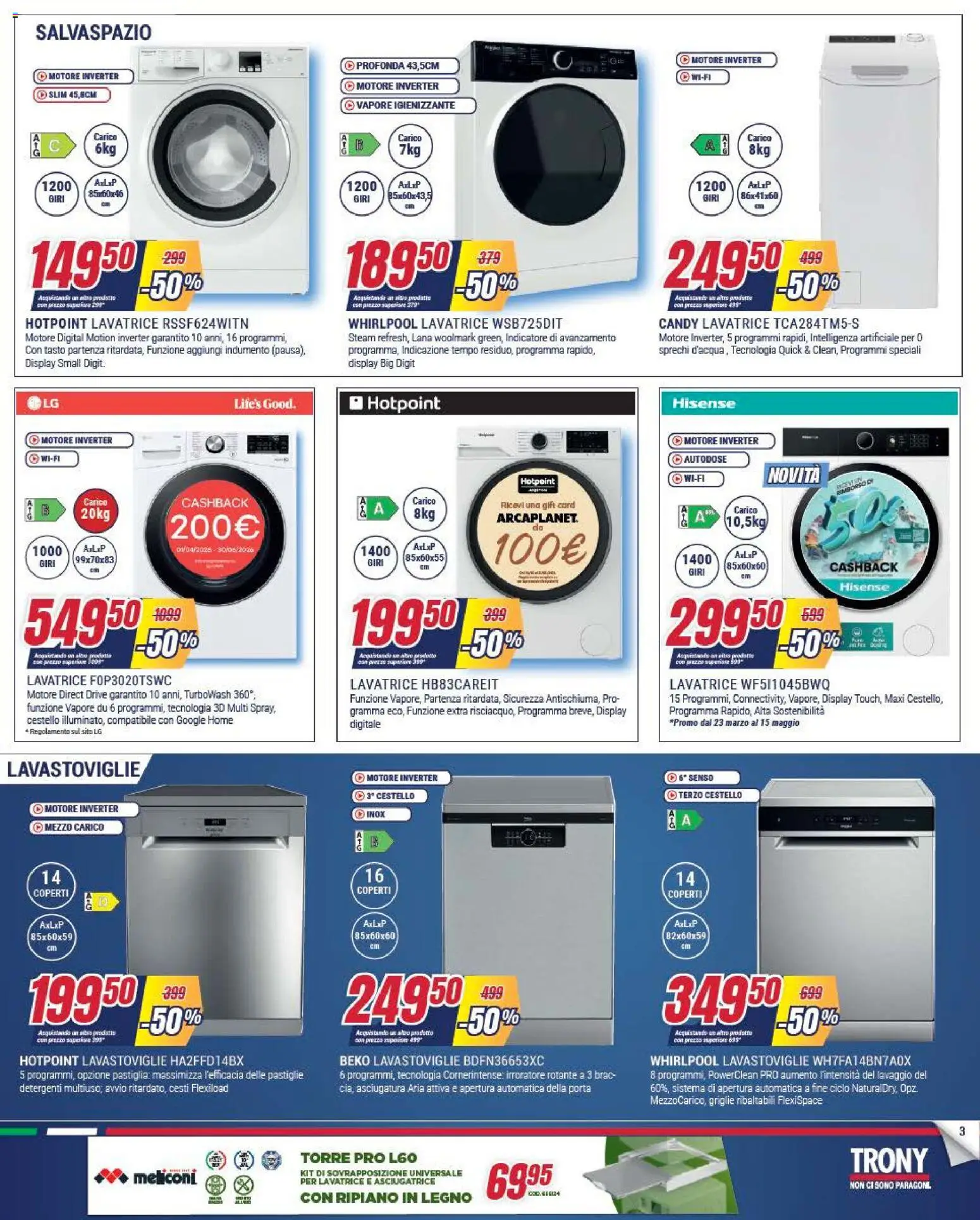 Volantino Trony del 28.04.2026 | Pagina: 3 | Prodotti: Ripiano, Lavatrice, Asciugatrice, Lavastoviglie