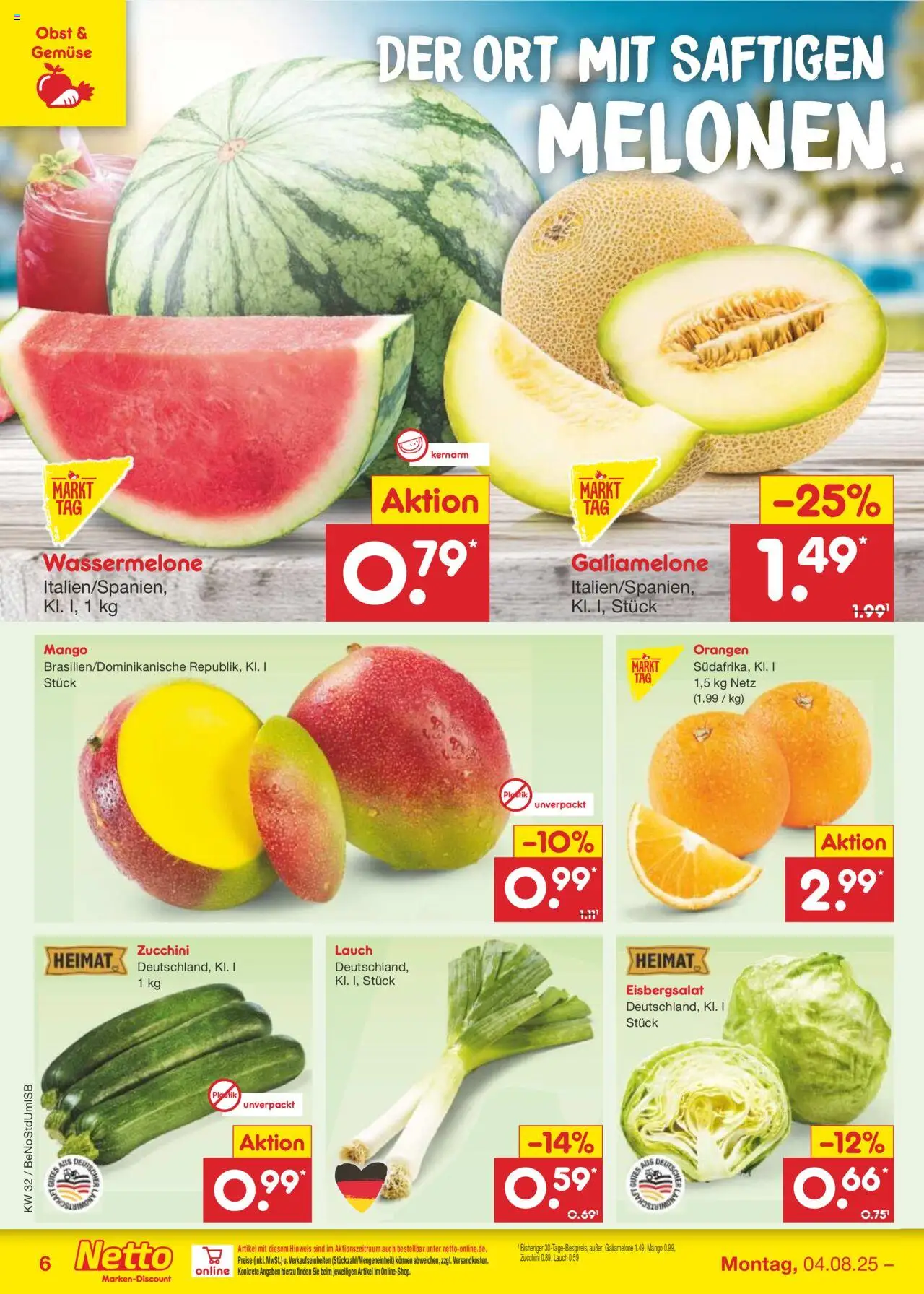 Netto Marken-Discount Prospekt 	 - gültig ab dem 04.08.2025 | Seite: 6 | Produkte: Orangen, Eisbergsalat, Obst, Wassermelone