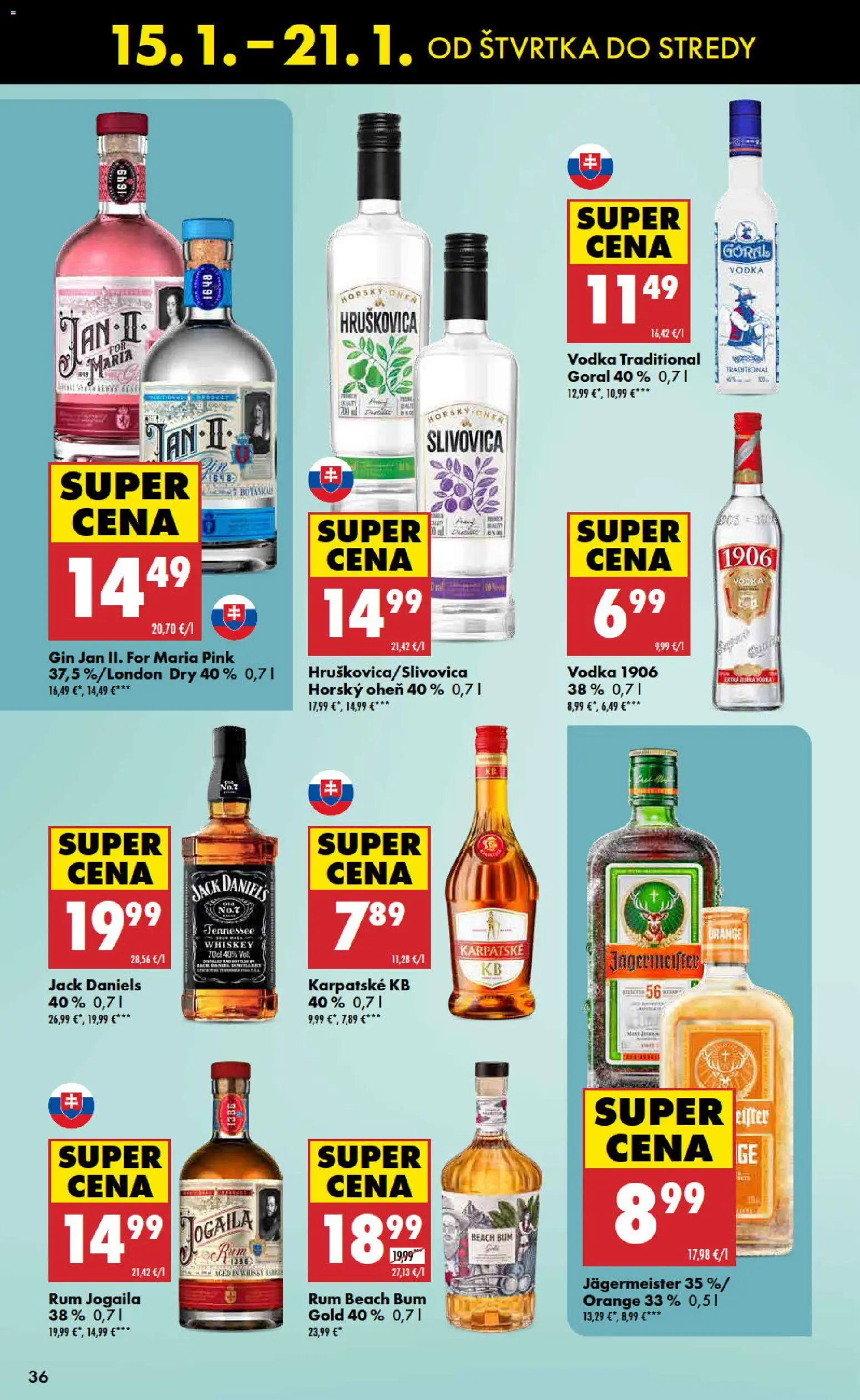 Nové Biedronka akcie – leták je platný od 15.01.2026 | Strana: 36 | Produkty: Jägermeister, Vodka, Rum, Jack Daniel's