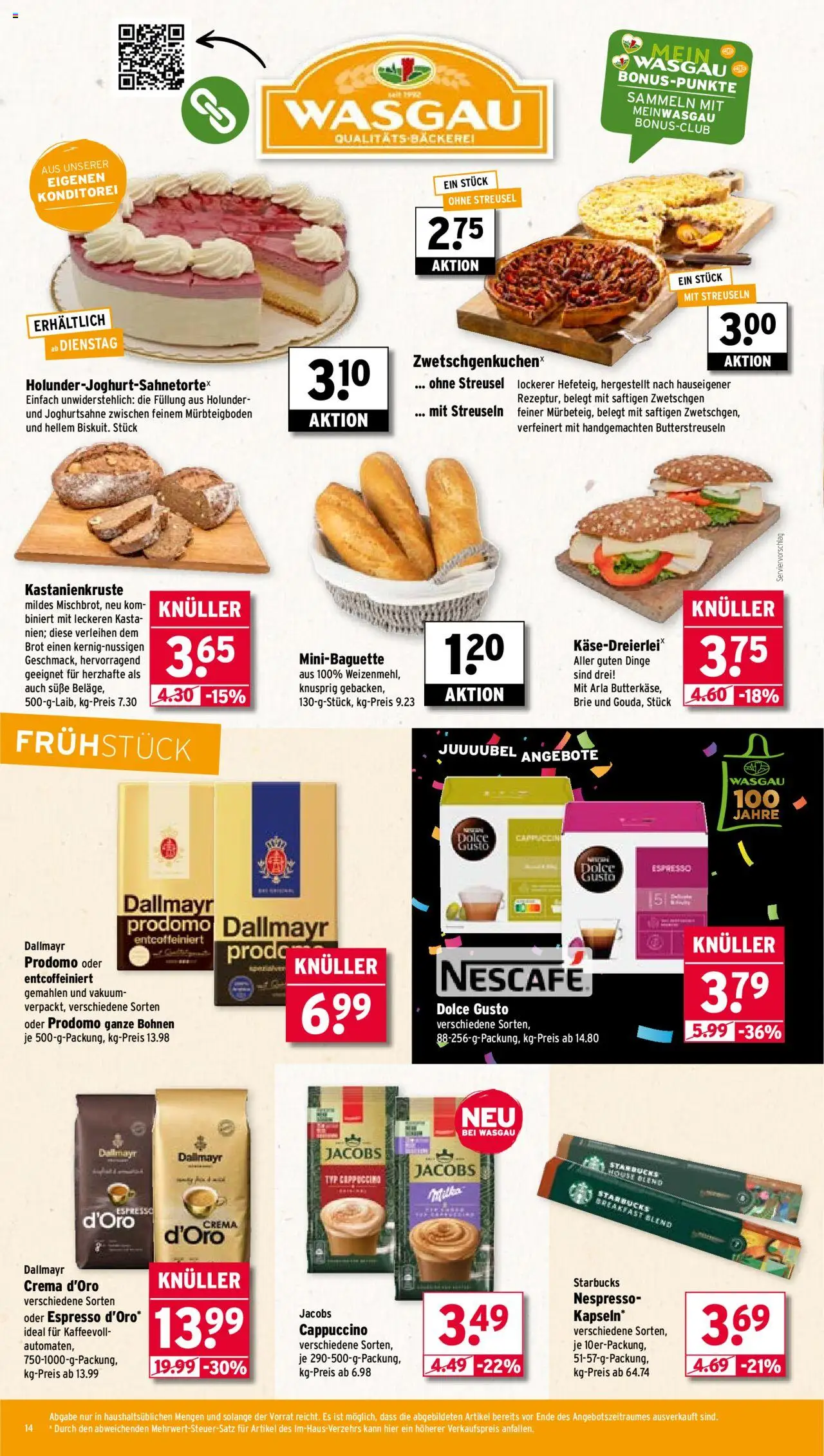 Wasgau Prospekt 	 – gültig ab 08.09.2025 | Seite: 14 | Produkte: Bäckerei, Starbucks, Zwetschgen, Brot