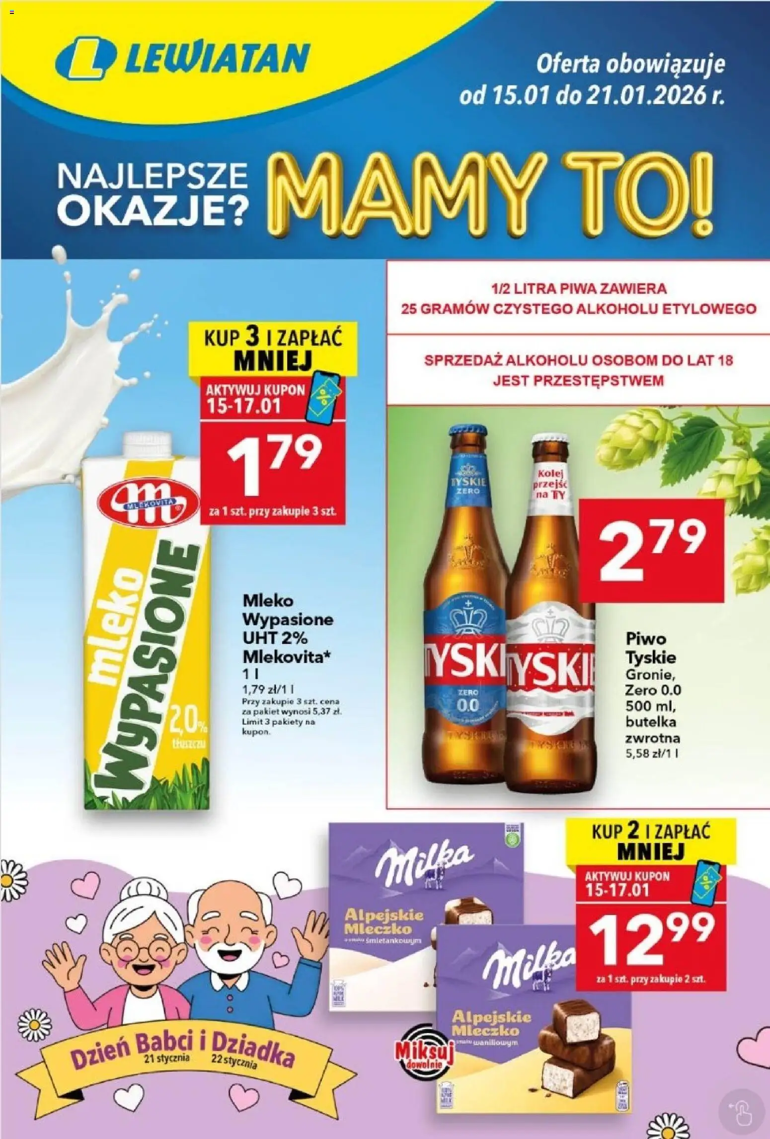 Lewiatan gazetka od 15.01.2026 | Strona: 1 | Produkty: Milka, Tyskie, Mleko, Piwo