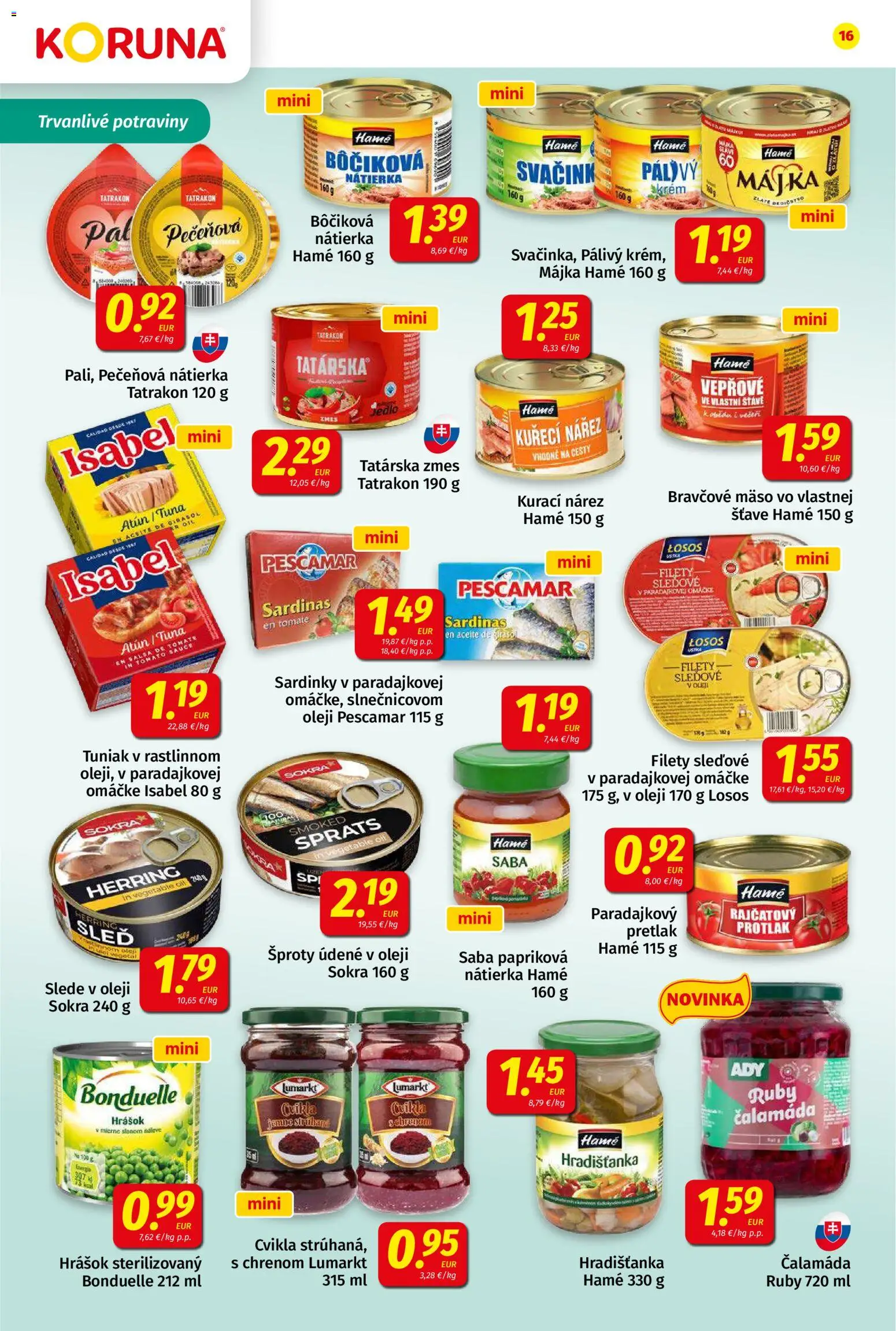 Nové Koruna akcie – leták je platný od 06.03.2026 | Strana: 16 | Produkty: Tuniak, Sardinky, Bravčové mäso, Cvikla