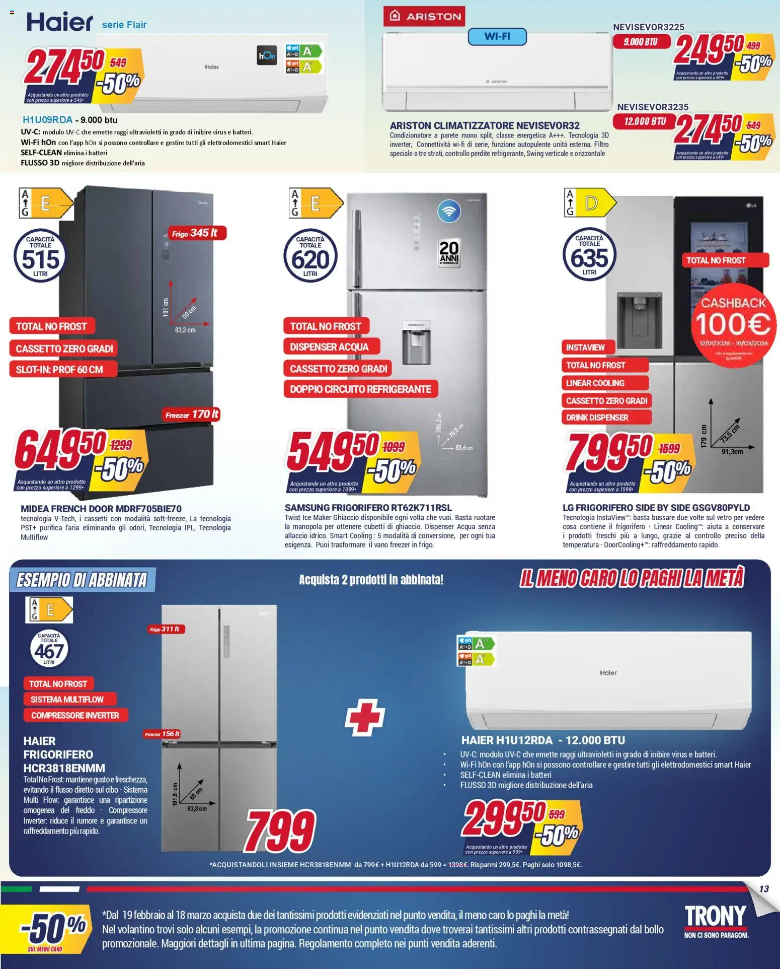 Volantino Trony del 19.02.2026 | Pagina: 13 | Prodotti: Acqua, Frigorifero, Condizionatore, Samsung