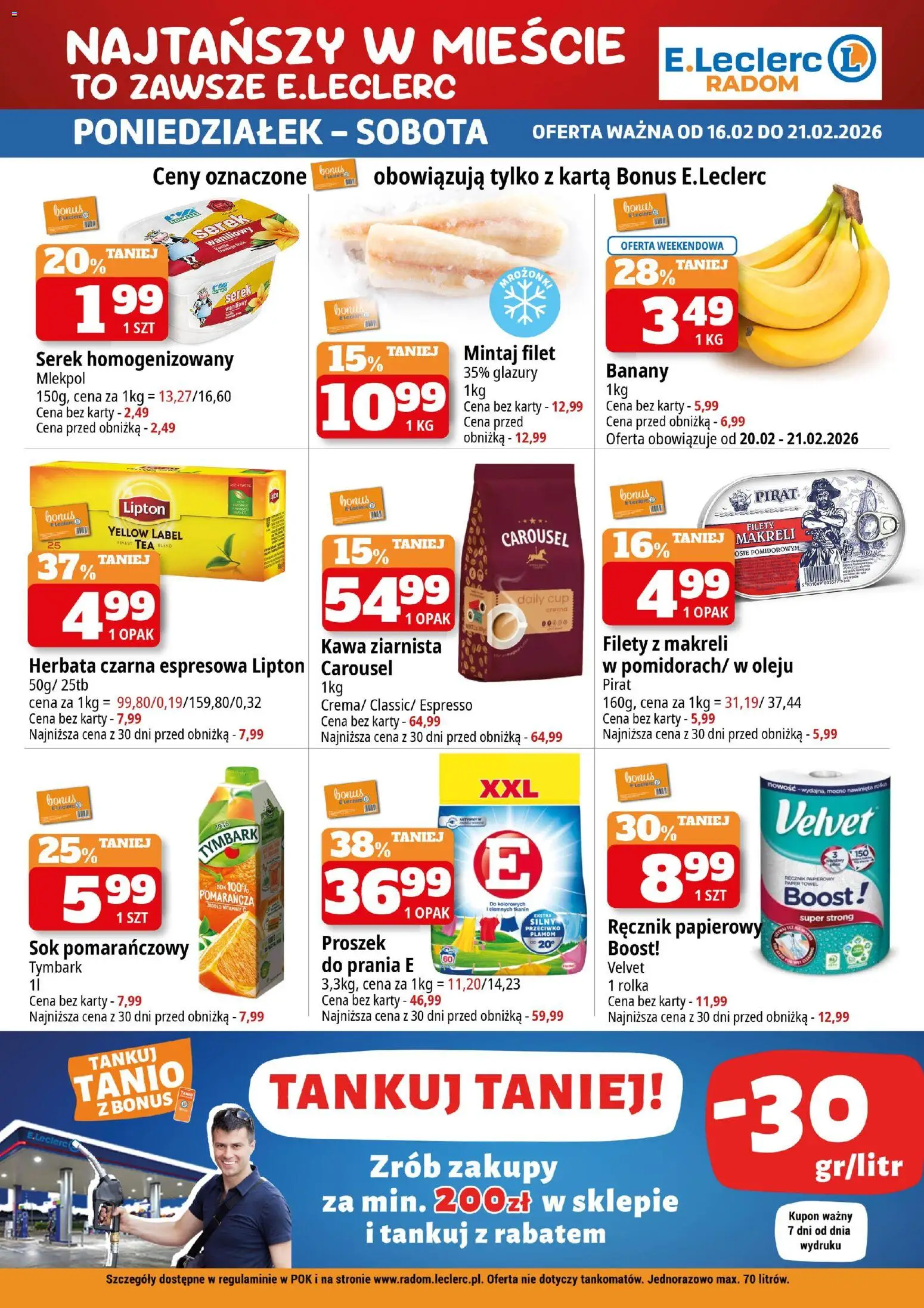 E.Leclerc Gazetka - Radom od 16.02.2026 | Strona: 4 | Produkty: Karta, Mintaj, Sok, Banany