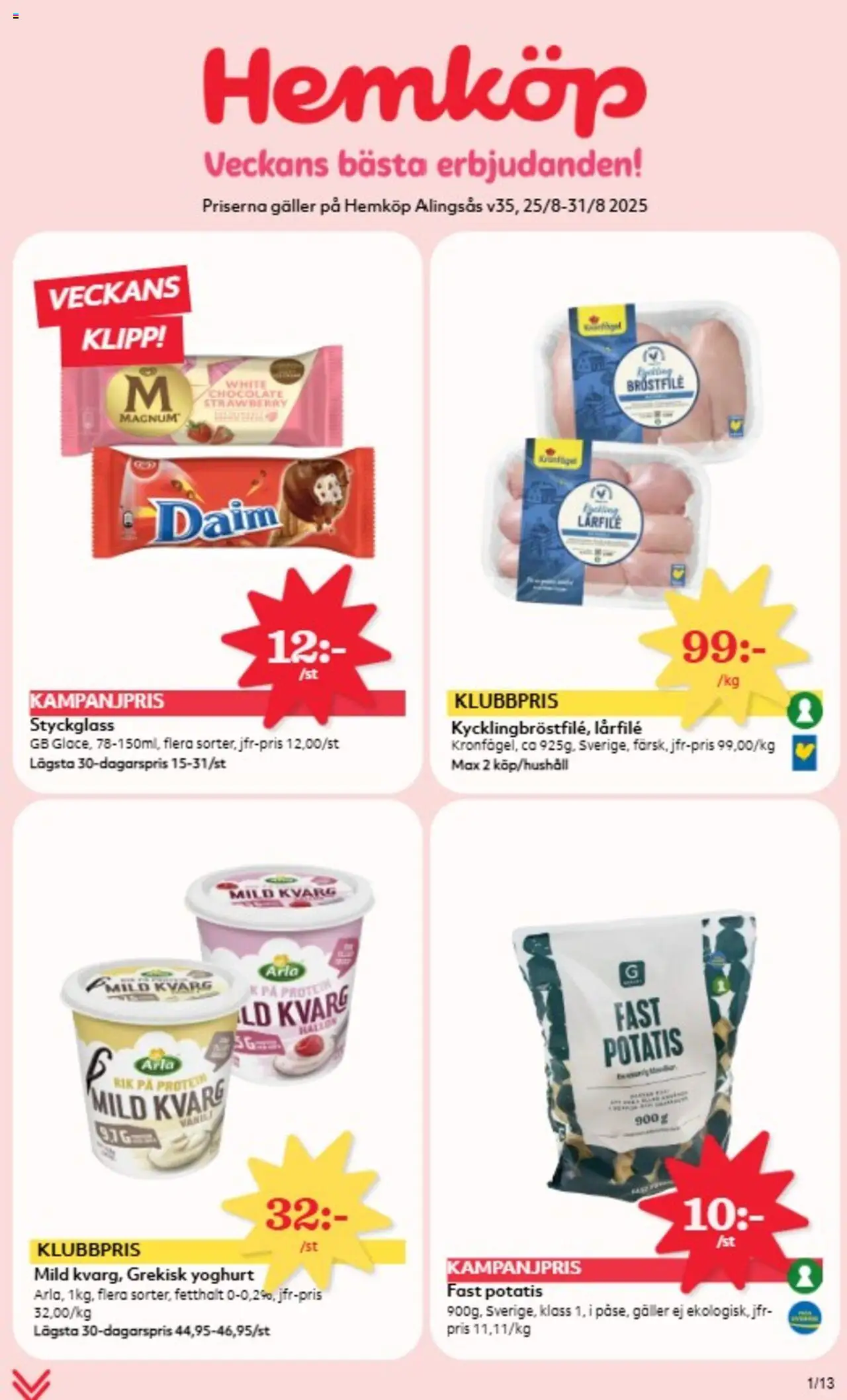 Hemköp reklamblad aktuell från 25.08.2025 | Sida: 1 | Produkter: Grekisk yoghurt, Potatis, Hallon, Kvarg
