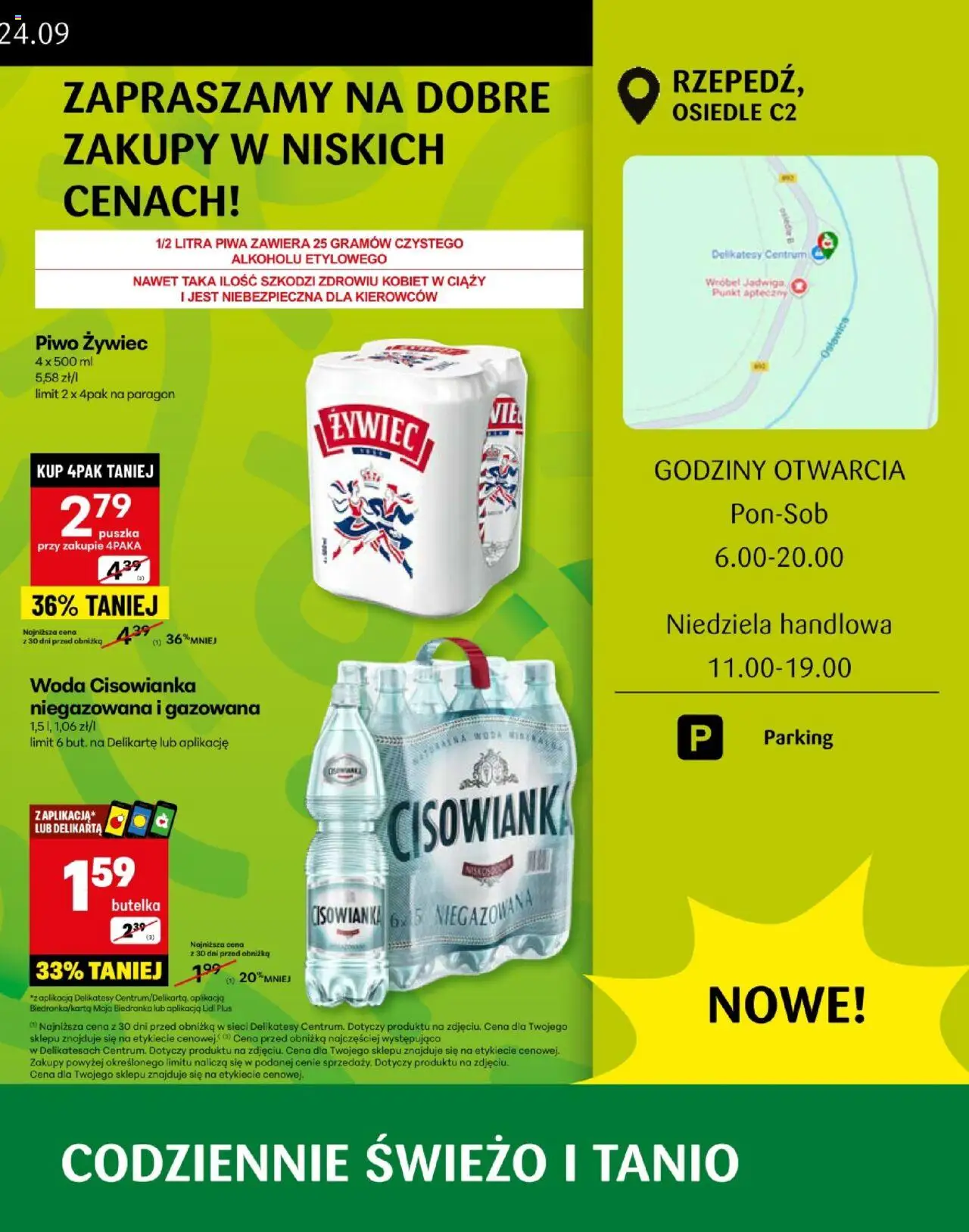 Delikatesy Centrum Gazetka - Rzepedź Otwarcie od 18.09.2025 | Strona: 3 | Produkty: Delikatesy, Piwo, Woda