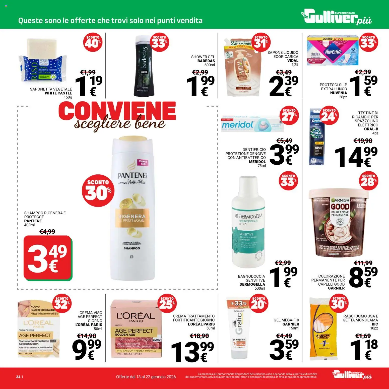 Volantino Gulliver del 13.01.2026 | Pagina: 34 | Prodotti: Sapone, Spazzolino, Crema viso, Saponetta