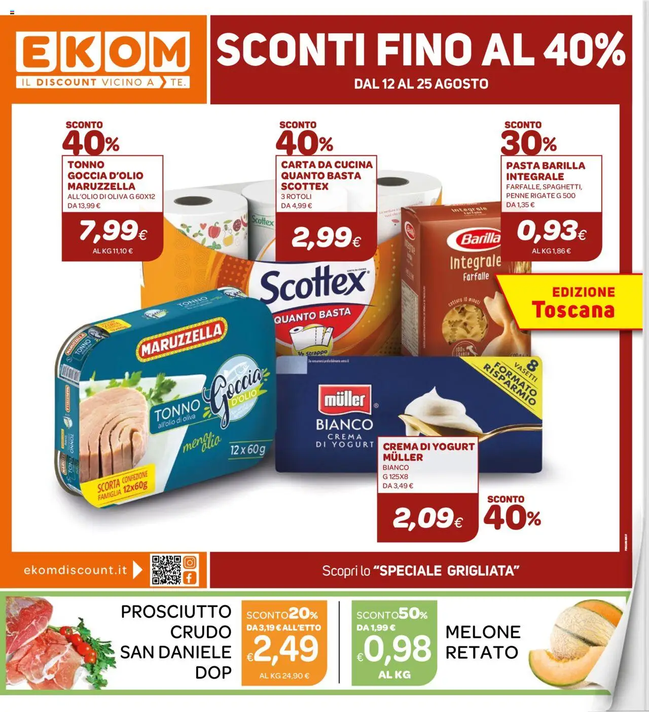 Volantino Ekom del 12.08.2025 | Pagina: 1 | Prodotti: Yogurt, Pasta, Tonno, Penne