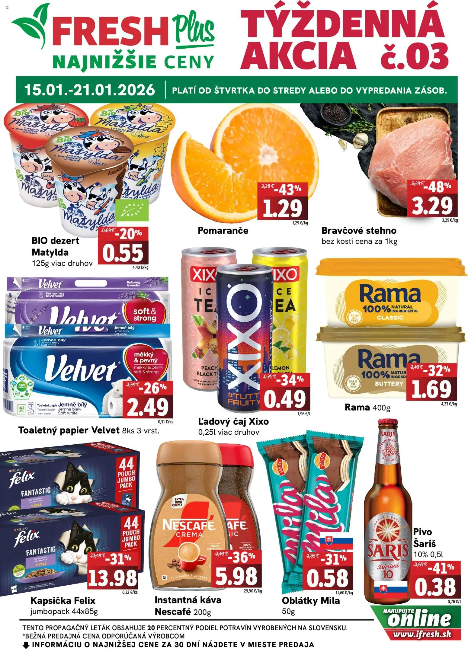 Nové Fresh akcie – leták je platný od 15.01.2026 | Strana: 1 | Produkty: Felix, Káva, Čaj, Toaletný papier