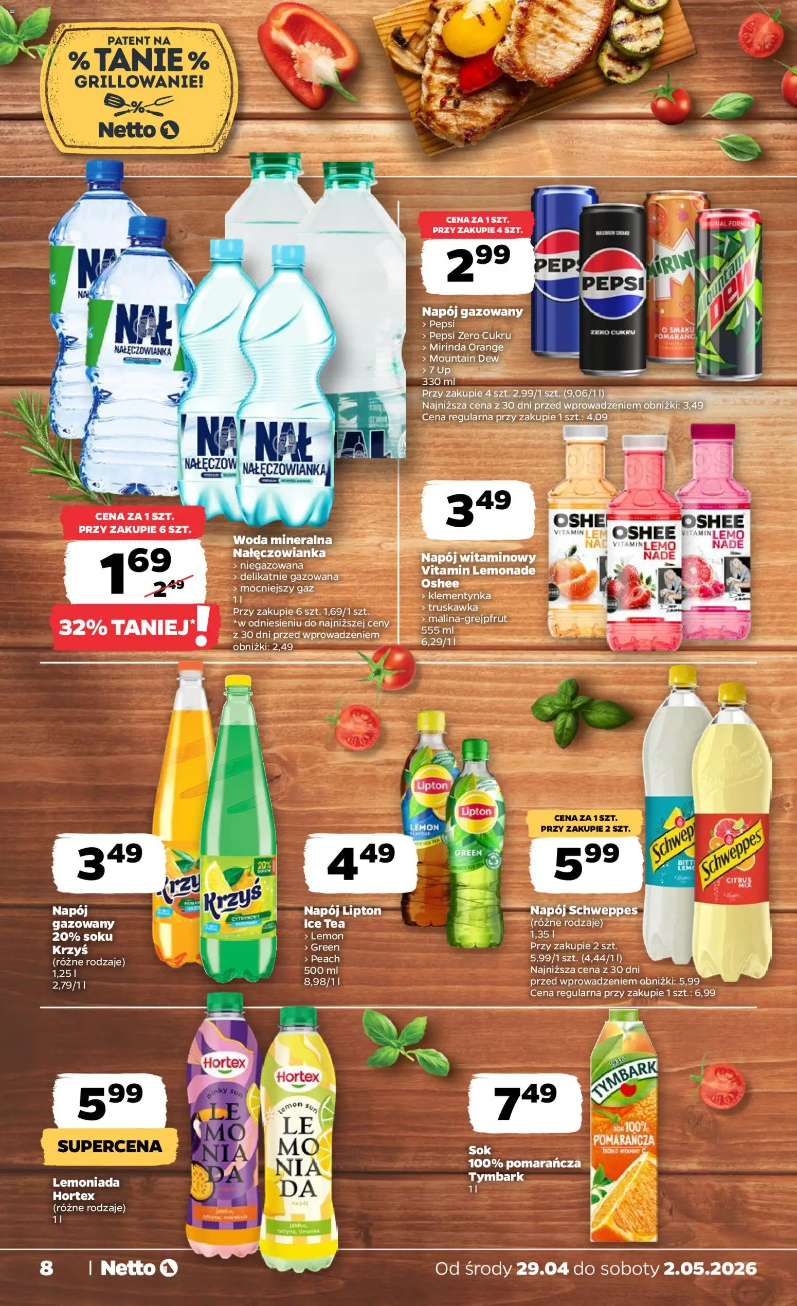 Netto gazetka od środy spożywcza od 29.04.2026 | Strona: 8 | Produkty: Ice Tea, Pepsi, Sok, Woda