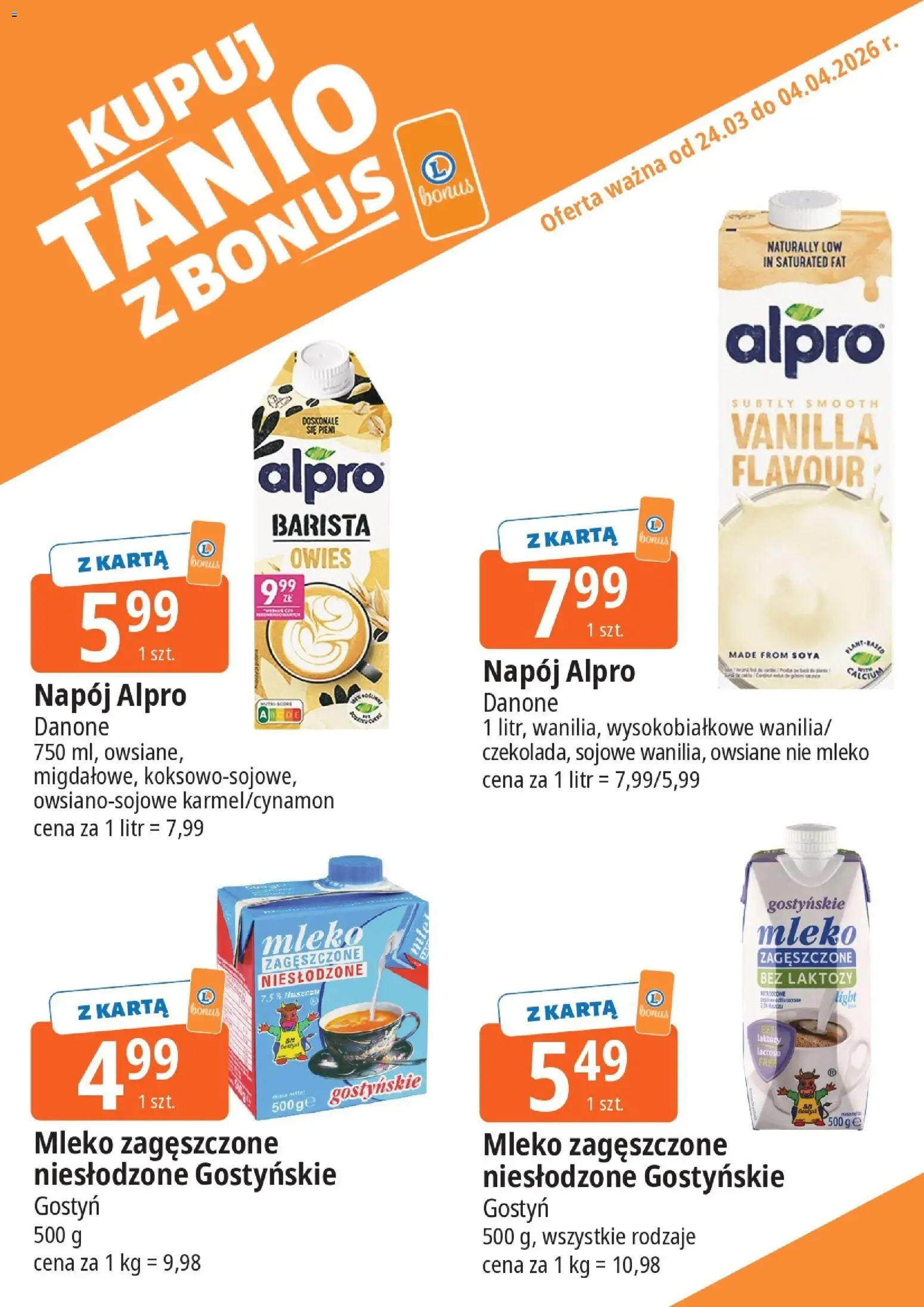 E.Leclerc gazetka - Elbląg kupony dodatkowe od 24.03.2026 | Strona: 10 | Produkty: Karta, Mleko zagęszczone niesłodzone, Alpro, Mleko