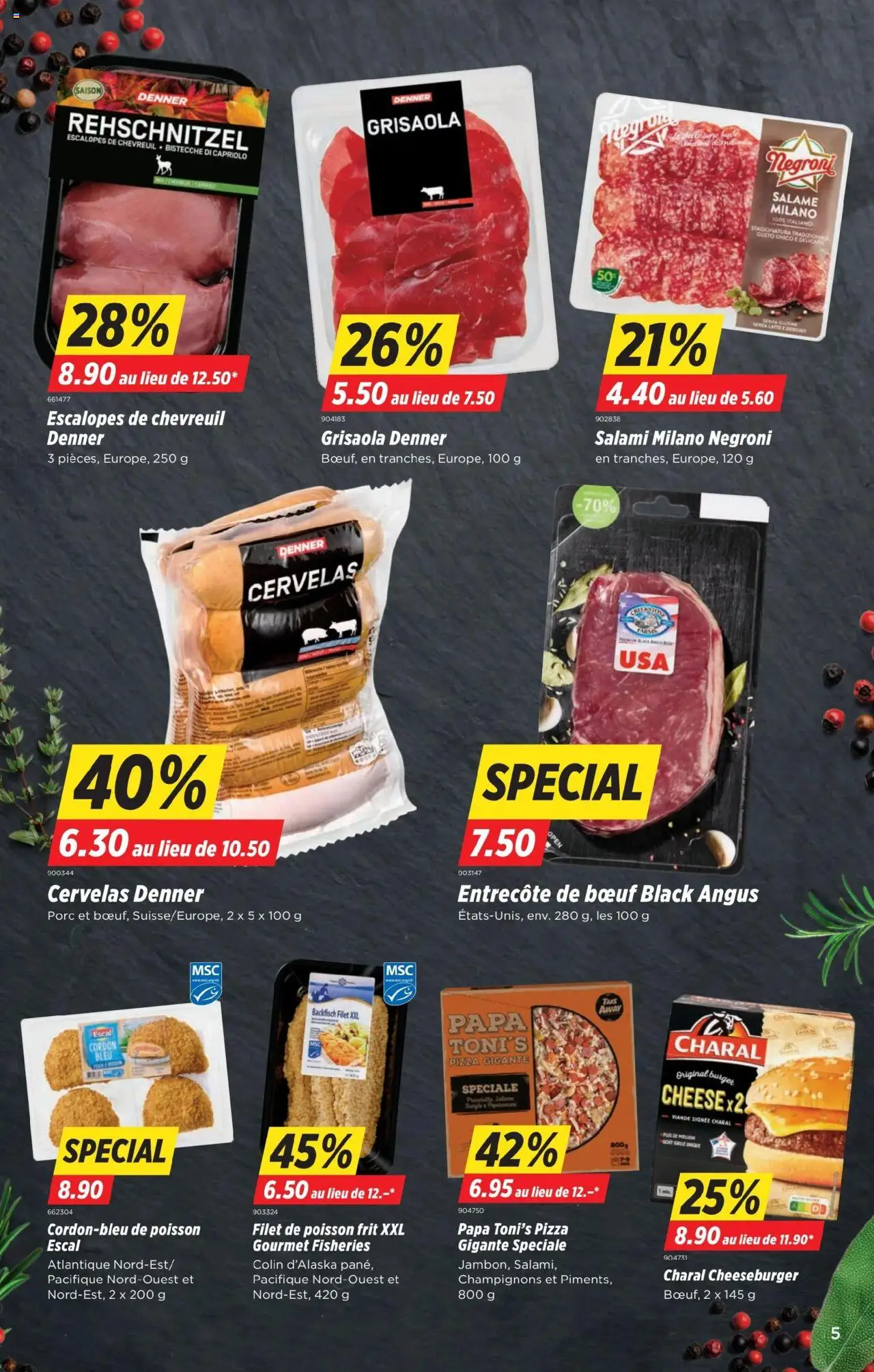 Denner Aktionen FR – gültig ab 30.09.2025 | Seite: 5 | Produkte: Burger, Champignons, Salami, Pizza