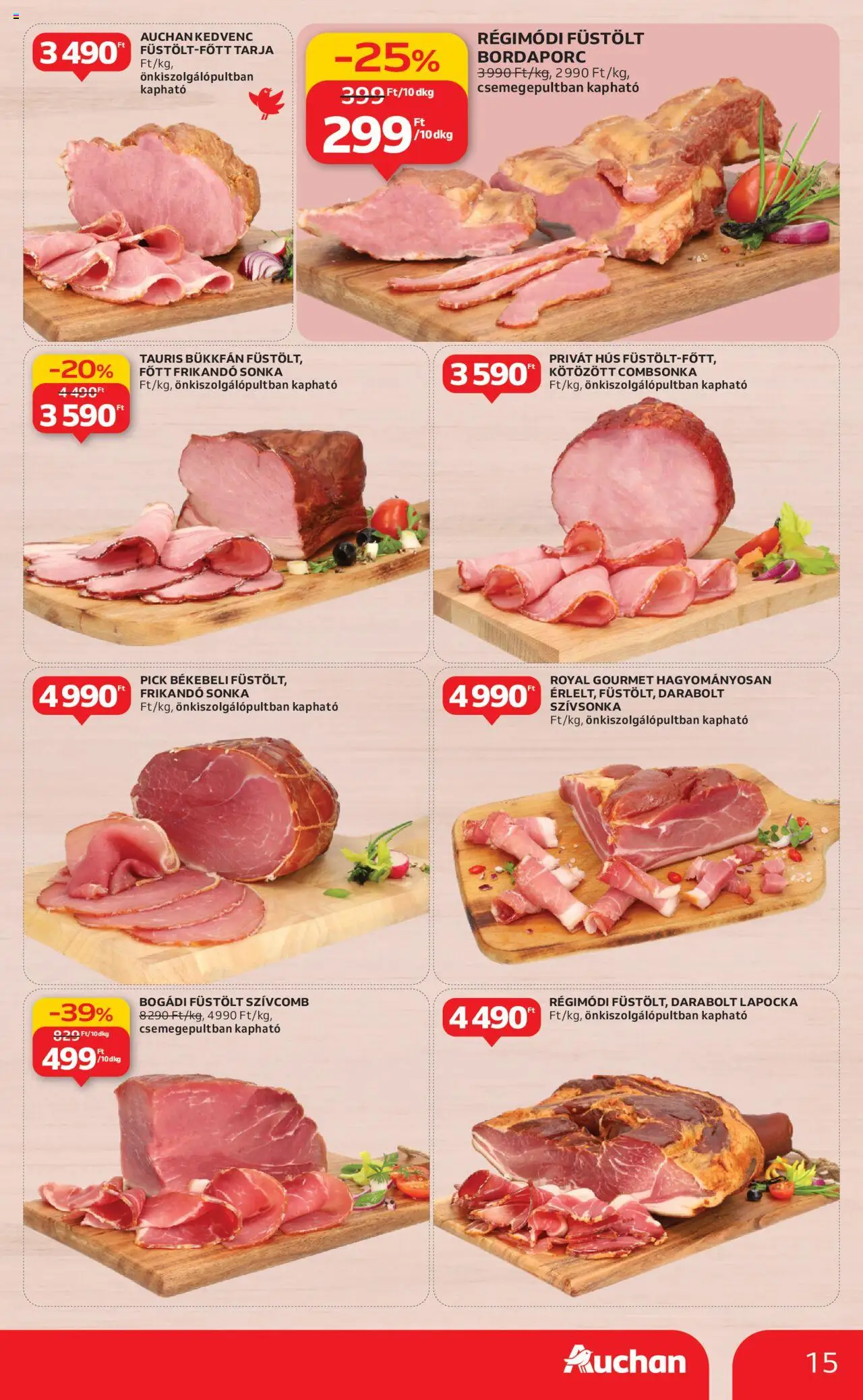 Auchan akciós ujság - amely érvényes a következő dátumtól: 24.10.2025 | Oldal: 15 | Termékek: Pick, Tarja, Szívsonka, Combsonka