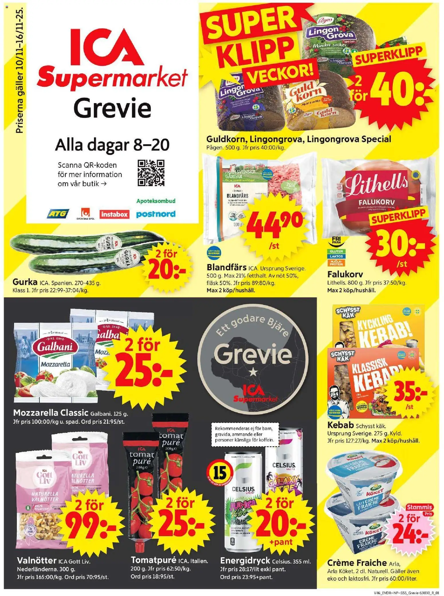 ICA Supermarket reklamblad aktuell från 10.11.2025 | Sida: 1 | Produkter: Lingongrova, Galler, Falukorv, Blandfärs