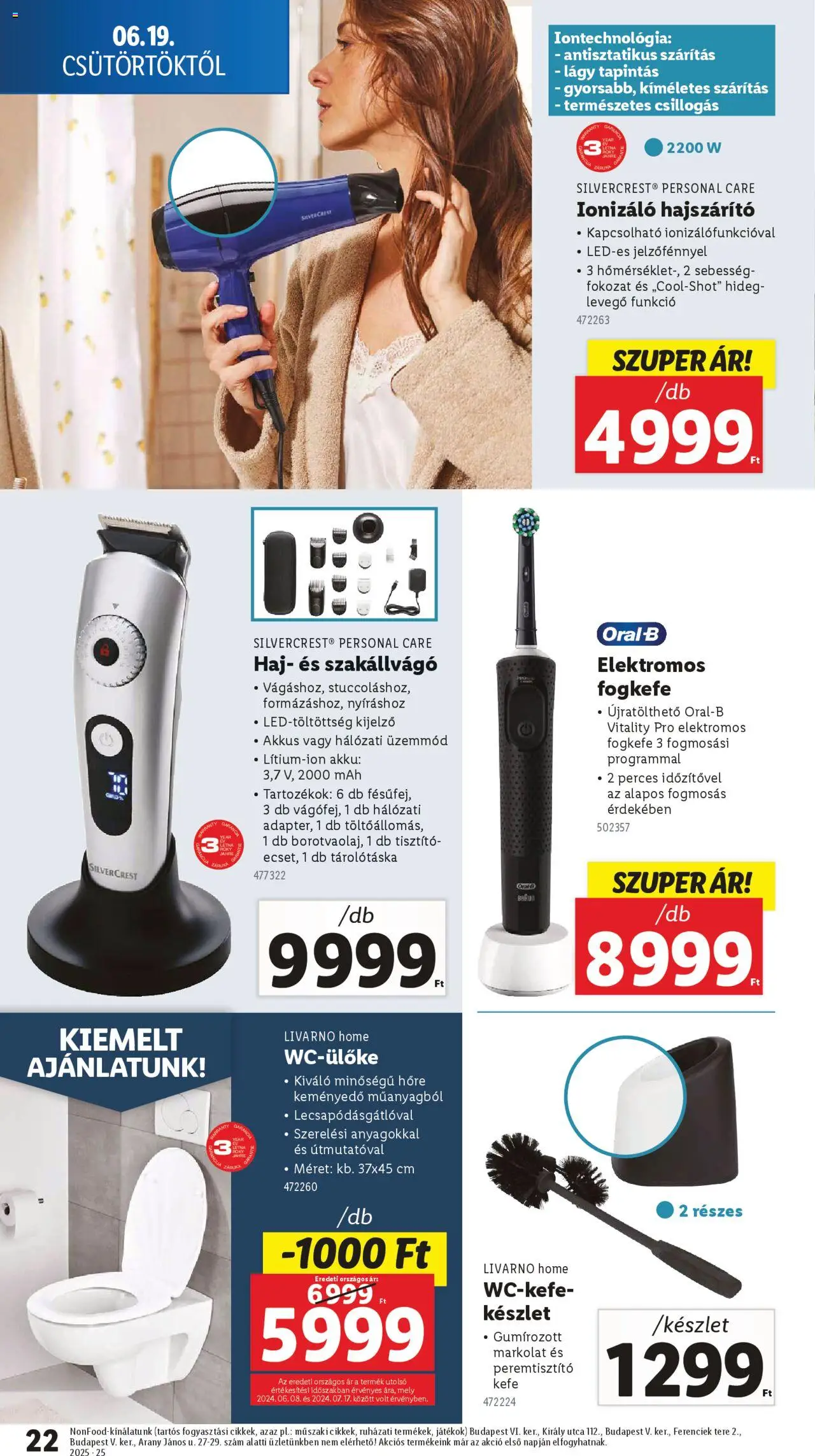 Lidl akciós ujság - amely érvényes a következő dátumtól: 19.06.2025 | Oldal: 22 | Termékek: Wc-ülőke, Játékok, Hajszárító, Kefe