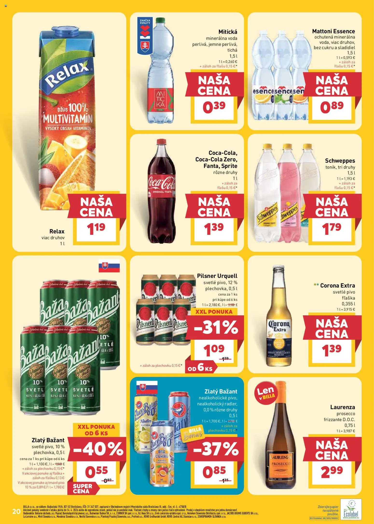 Nové Billa akcie – leták je platný od 15.04.2026 | Strana: 20 | Produkty: Prosecco, Sprite, Voda, Mitická