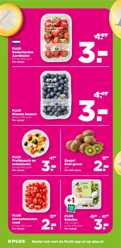 PLUS Nederlandse Aardbeien, Schaal 400 gram Per schaal - Voorbeeld van een folder van Plus, geldig van 15.04.2026 | Pagina: 18 | Producten: Kiwi, Schaal, Salade, Salades