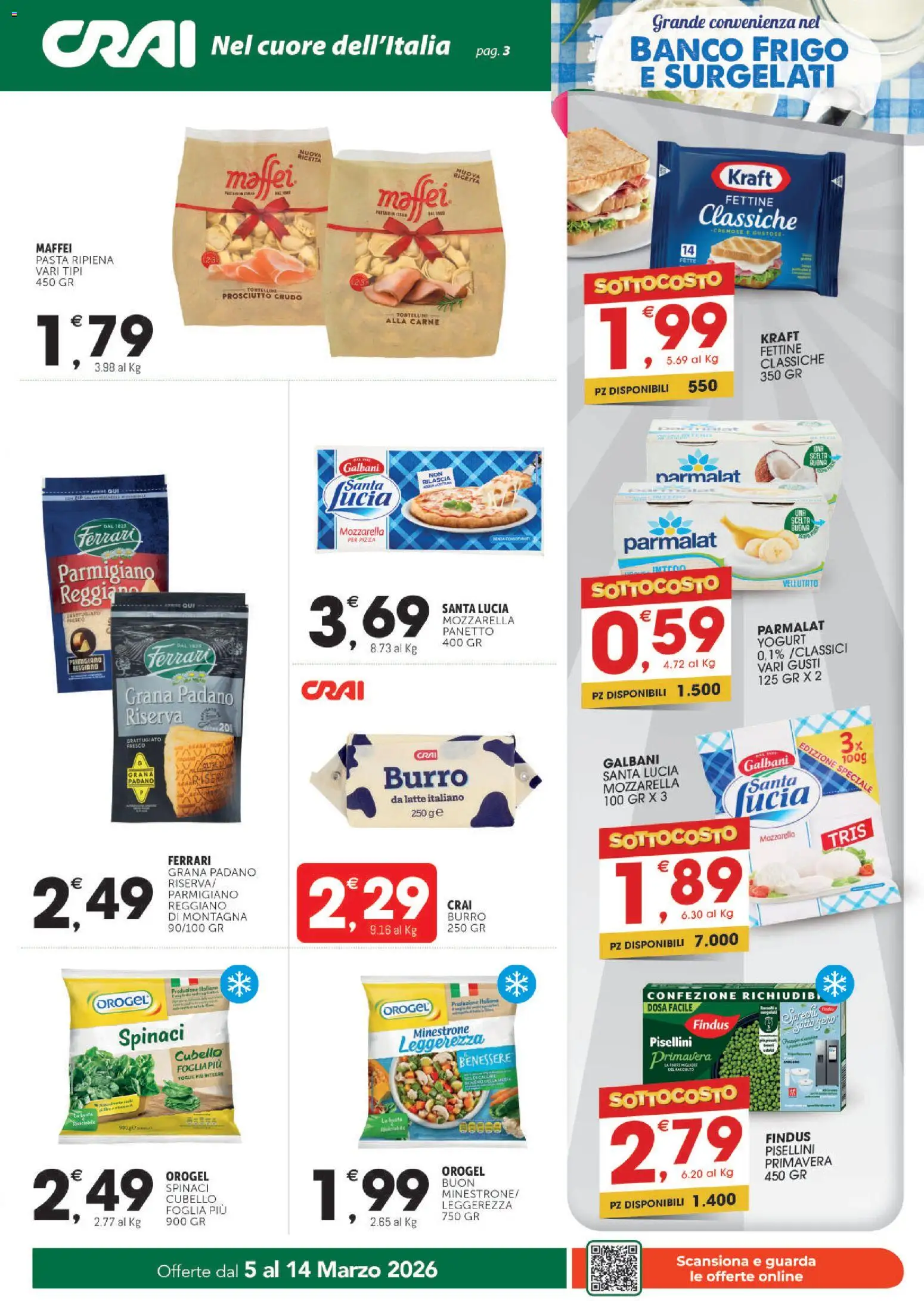 Volantino CRAI del 05.03.2026 | Pagina: 3 | Prodotti: Minestrone, Prosciutto, Pasta, Parmigiano reggiano