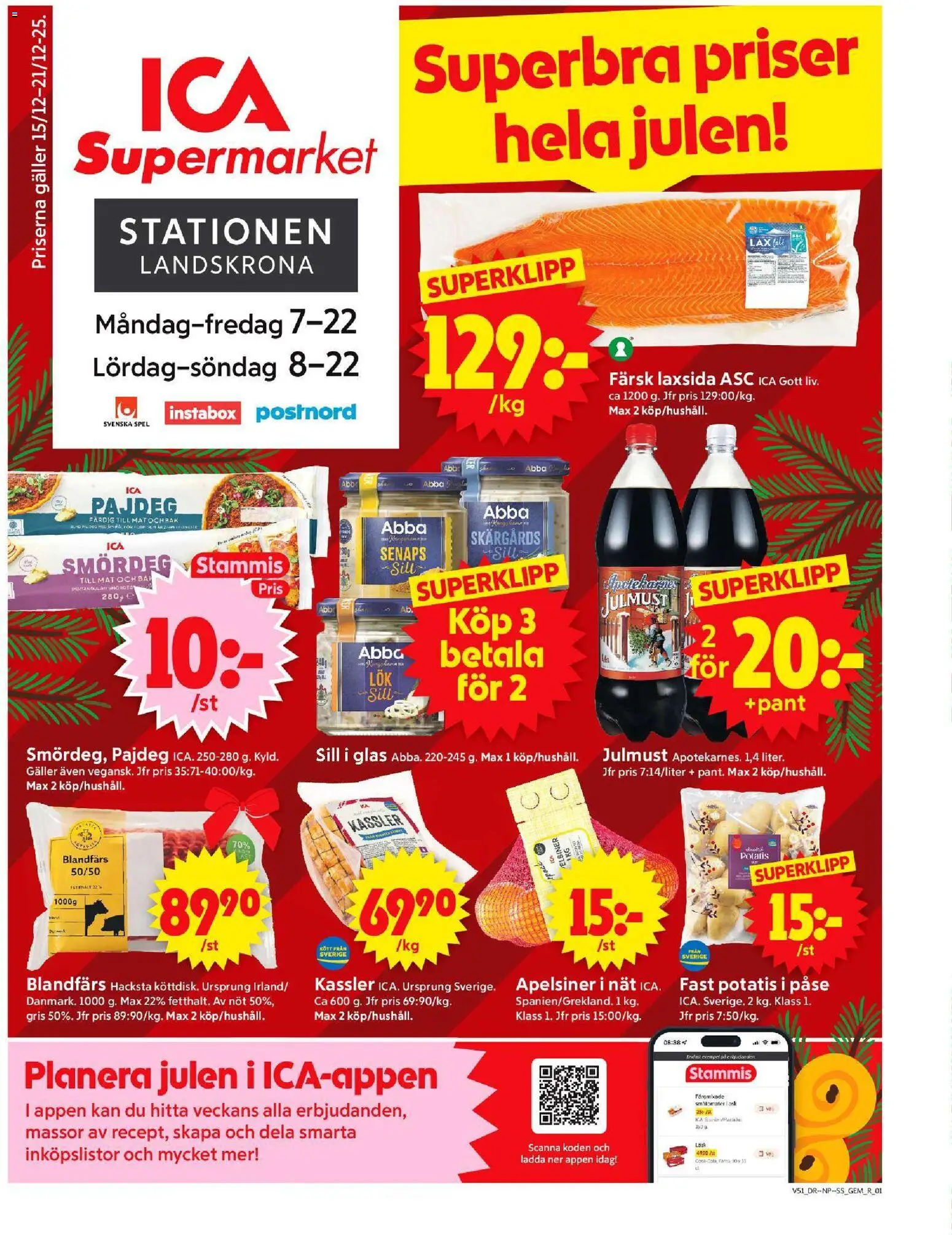 ICA Supermarket reklamblad aktuell från 15.12.2025 | Sida: 1 | Produkter: Sill, Lax, Apelsiner, Potatis