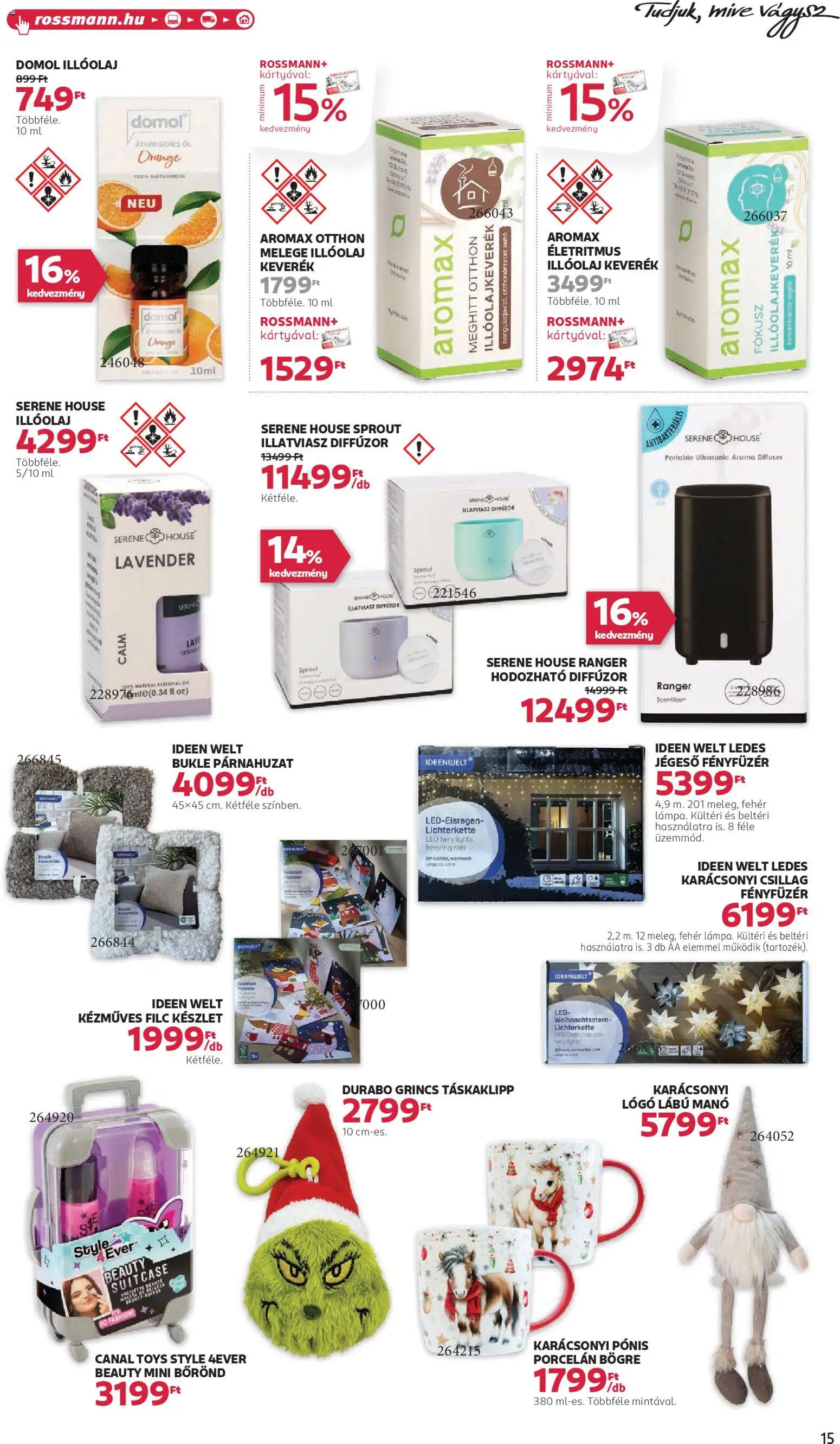 Rossmann akciós ujság - amely érvényes a következő dátumtól: 01.12.2025 | Oldal: 17 | Termékek: Párnahuzat, Fényfüzér, Bögre, Illóolaj