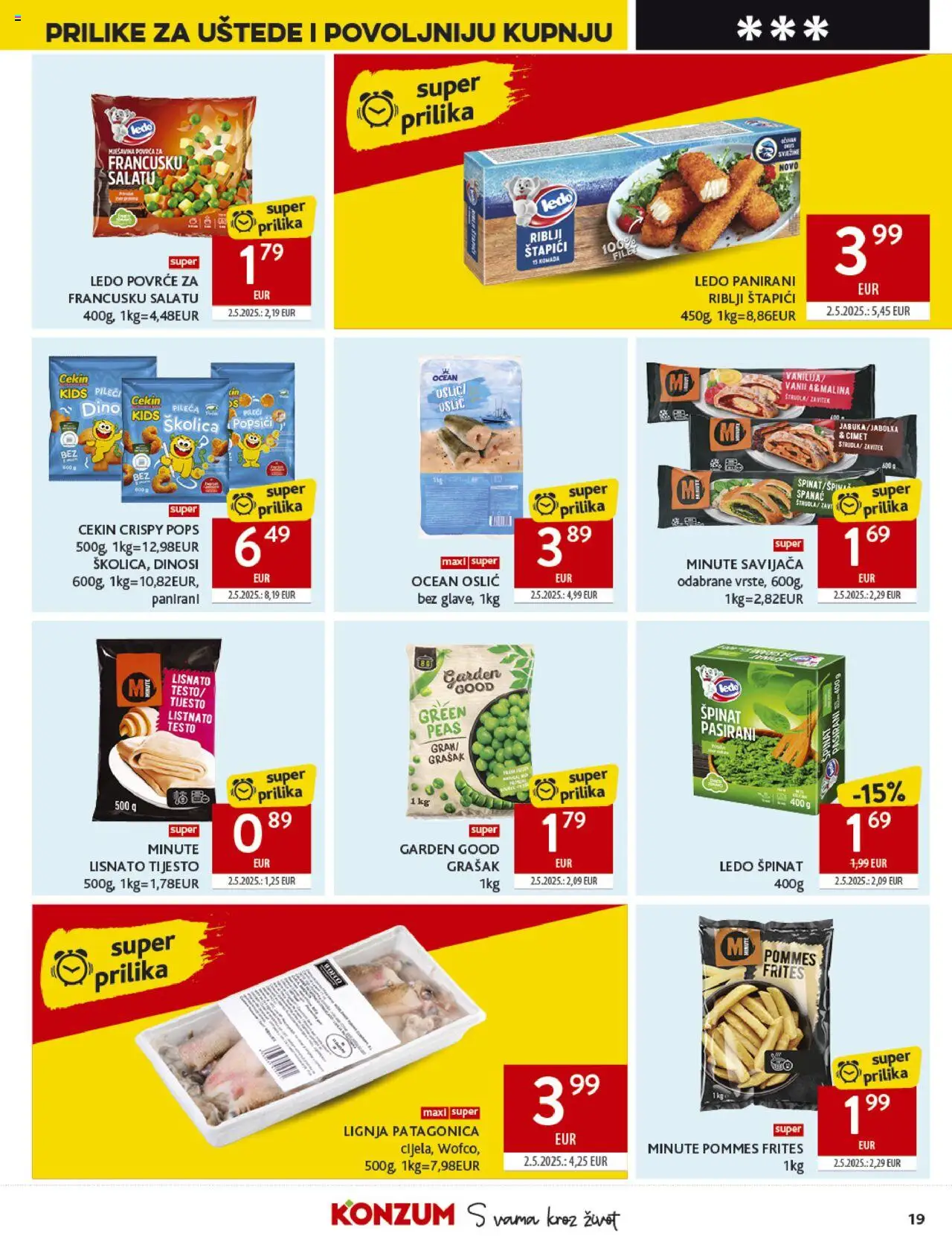 Konzum katalog | vrijedi od 15.10.2025 | Stranica: 19 | Proizvodi: Lisnato tijesto, Povrće, Oslić, Lignja Patagonica