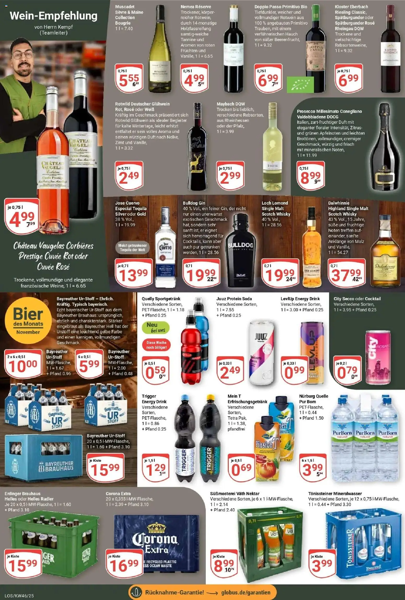 Globus prospekt Losheim Am See	 – gültig ab 10.11.2025 | Seite: 15 | Produkte: Bayreuther hell, Rotwein, Doppio passo primitivo, Pfirsich