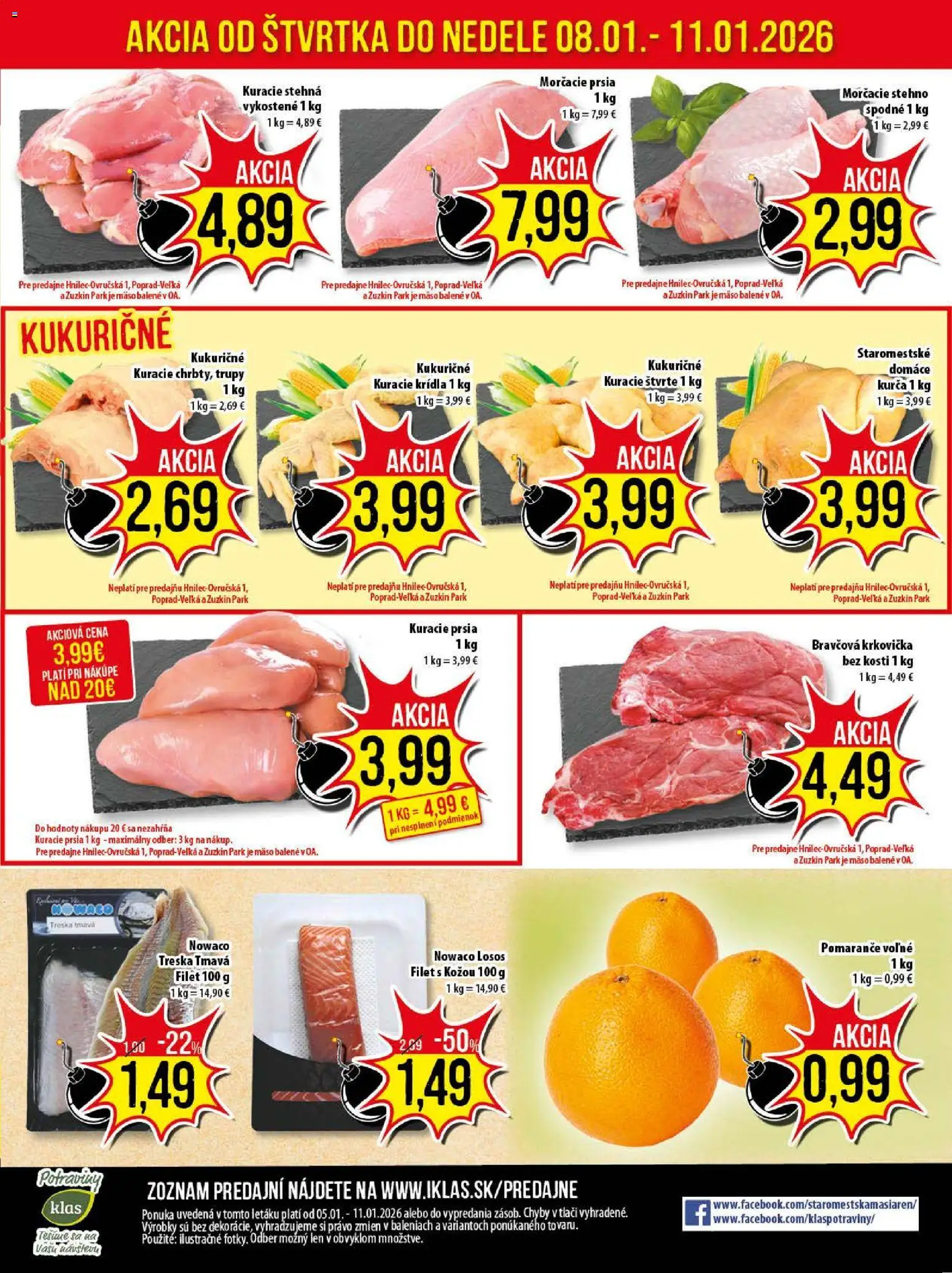 Nové Klas akcie – leták je platný od 05.01.2026 | Strana: 25 | Produkty: Pomaranče, Kuracie stehná, Losos, Treska