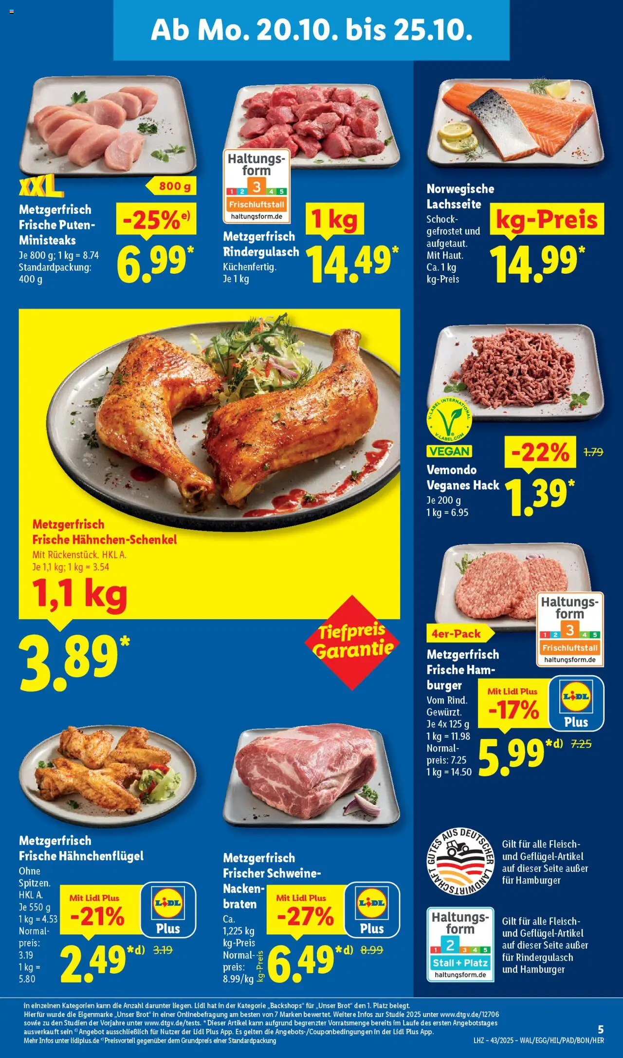 Lidl Prospekt Kornwestheim – gültig ab 20.10.2025 | Seite: 9 | Produkte: Hahnchenschenkel, Burger, Brot, Fleisch
