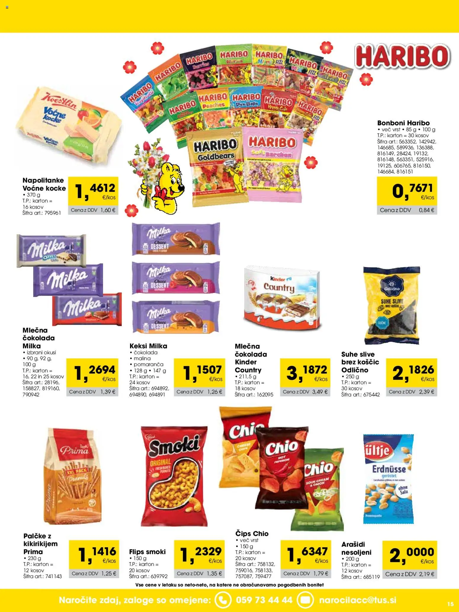 Novi Tuš katalog ponudbe – veljaven od 01.04.2026 | Stran: 15 | Izdelki: Keksi, Bonboni, Suhe slive, Cokolada