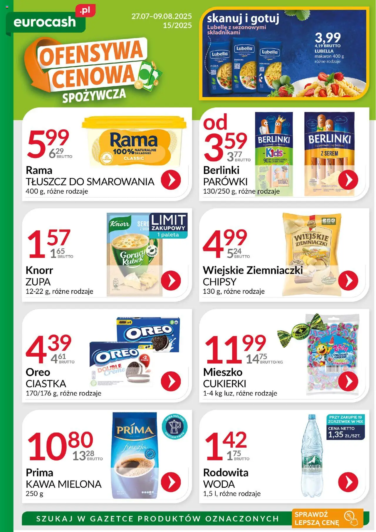 Eurocash Gazetka - Ofensywa Spożywcza od 27.07.2025 | Strona: 1 | Produkty: Parówki, Ziemniaczki, Cukierki, Ciastka