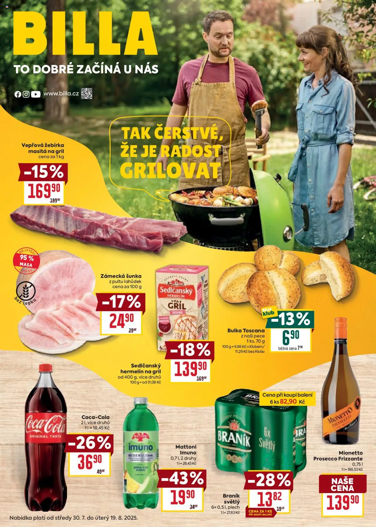 Billa leták - Léto plné grilování od 30.07.2025 | Strana: 1 | Produkty: Šunka, Hermelín, Braník, Prosecco Frizzante