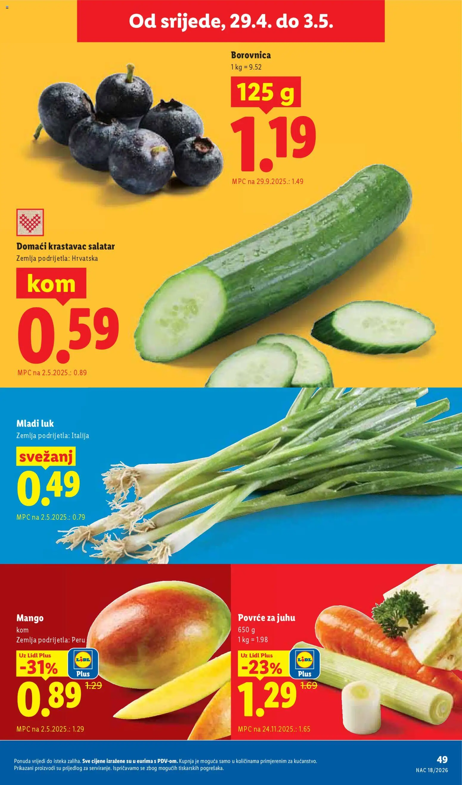 Lidl katalog | vrijedi od 27.04.2026 | Stranica: 49 | Proizvodi: Krastavac, Luk, Mango, Borovnica
