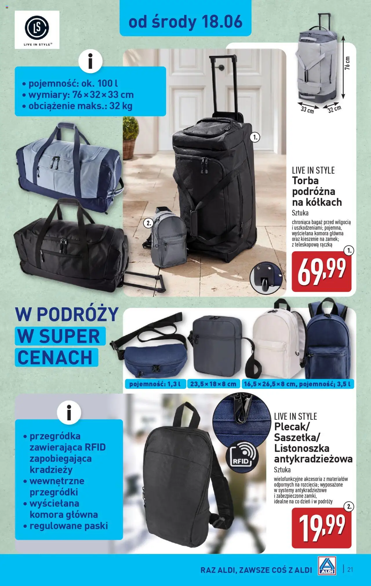 Aldi Gazetka od 16.06.2025 | Strona: 21 | Produkty: Torba podróżna, Torba