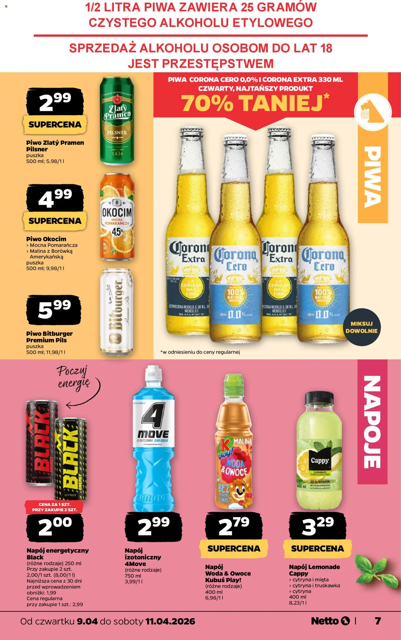 Netto gazetka od czwartku spożywcza od 09.04.2026 | Strona: 7 | Produkty: Borówka amerykańska, Napoje, Piwo, Woda