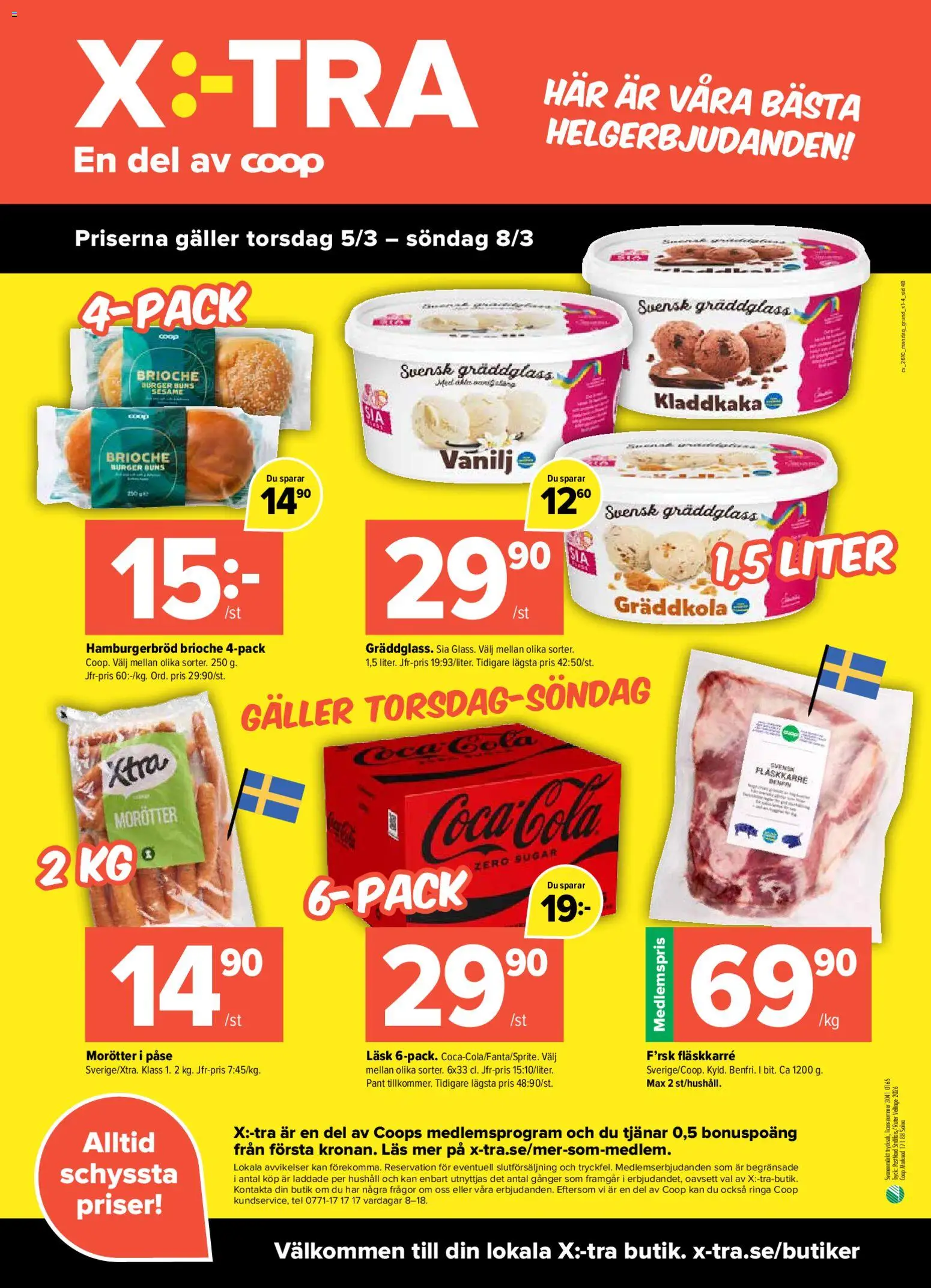Coop X:-TRA reklamblad aktuell från 02.03.2026 | Sida: 4 | Produkter: Galler, Hamburgerbröd, Kladdkaka, Coca cola