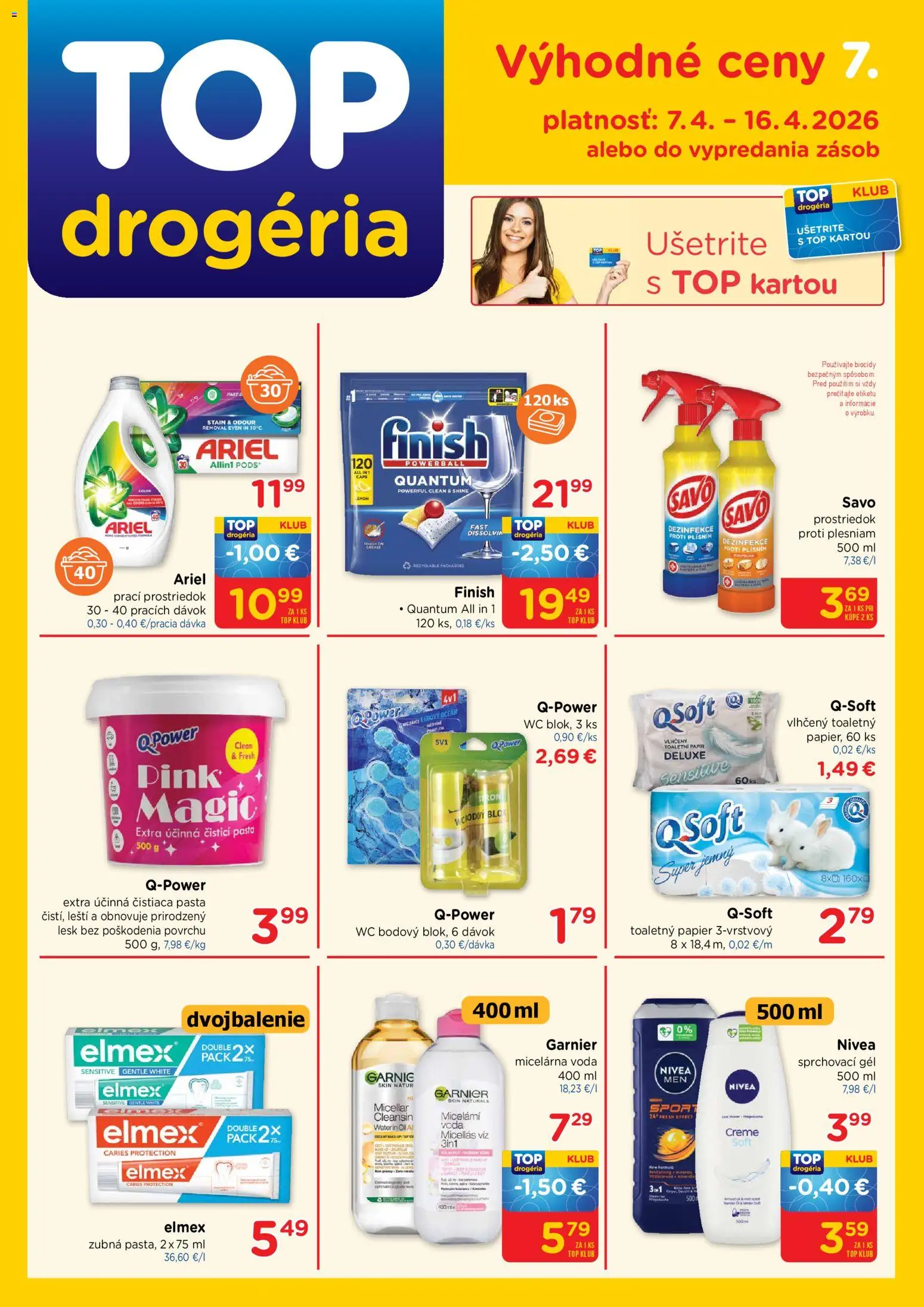 Nové TOP Drogéria akcie – leták je platný od 07.04.2026 | Strana: 1 | Produkty: Nivea, Savo, Toaletný papier, Ariel