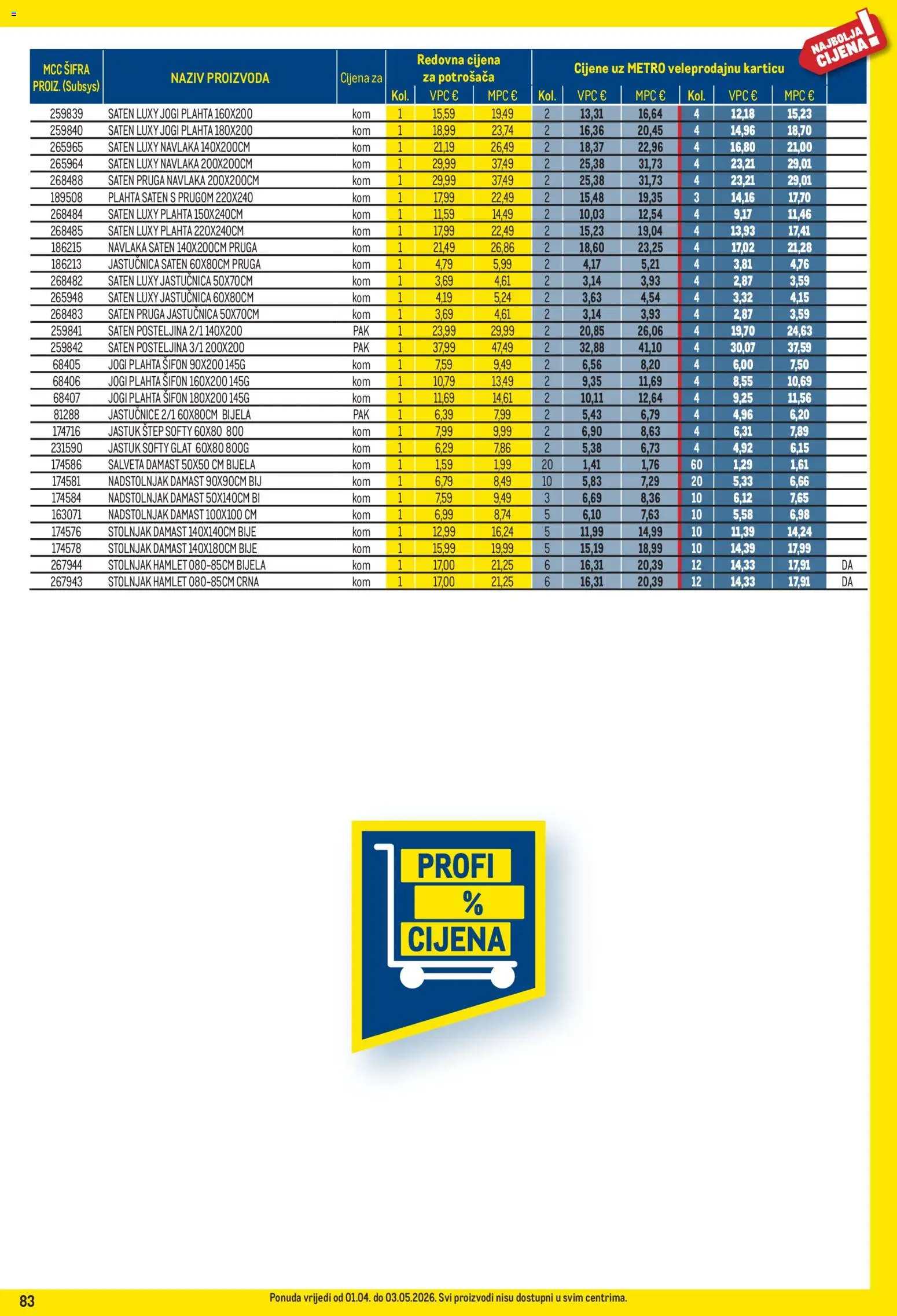 Metro katalog | vrijedi od 01.04.2026 | Stranica: 83 | Proizvodi: Jastuk, Stolnjak, Jastučnica, Plahta
