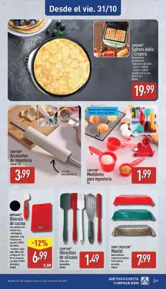 Vista previa AMBIANO® Báscula de cocina, Con pantalla LCD. Función tara. • Rectangular: carga máx. 6 kg. Funciona con una pila CR2032 (incluida). - Cuchara: carga máx. 300 g. Dos cucharas de 25 y 50 ml. Funciona con pilas CR2032 (incluidas). Unidad válido desde el 27.10.2025 | Página: 27 | Productos: Mantel, Cocina