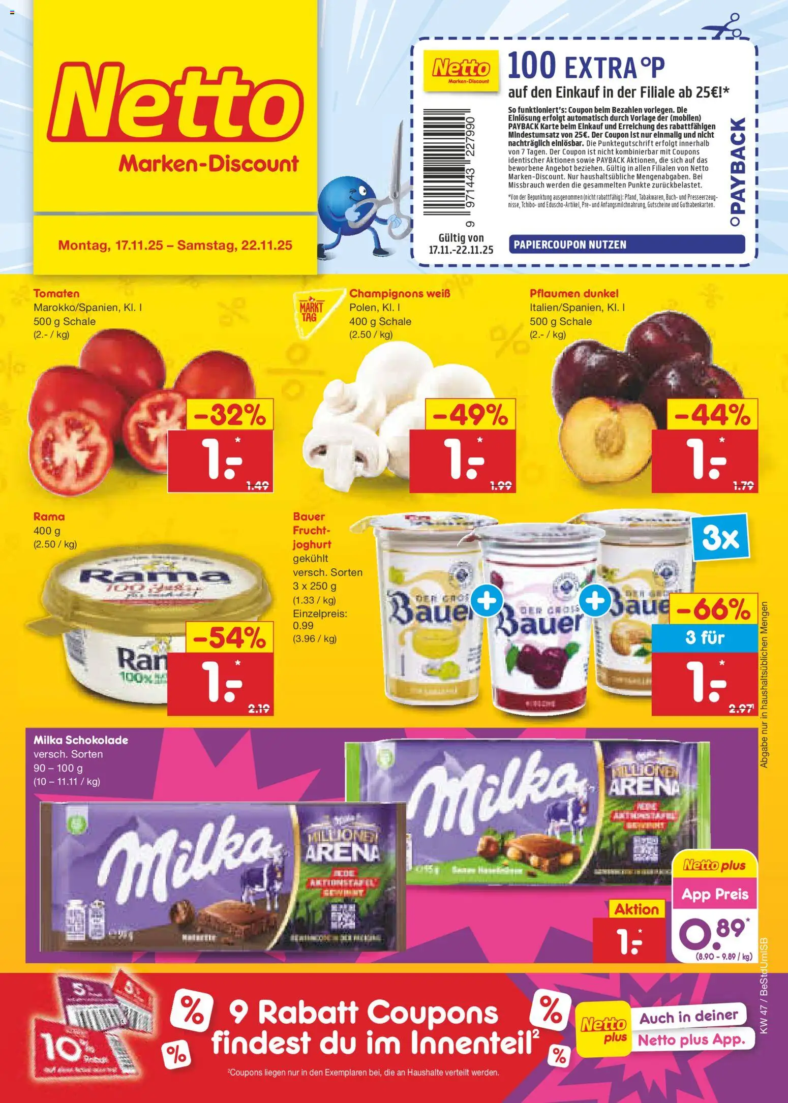 Netto Marken-Discount - Black Friday – gültig ab 17.11.2025 | Seite: 1 | Produkte: Pflaumen, Joghurt, Tomaten, Champignons