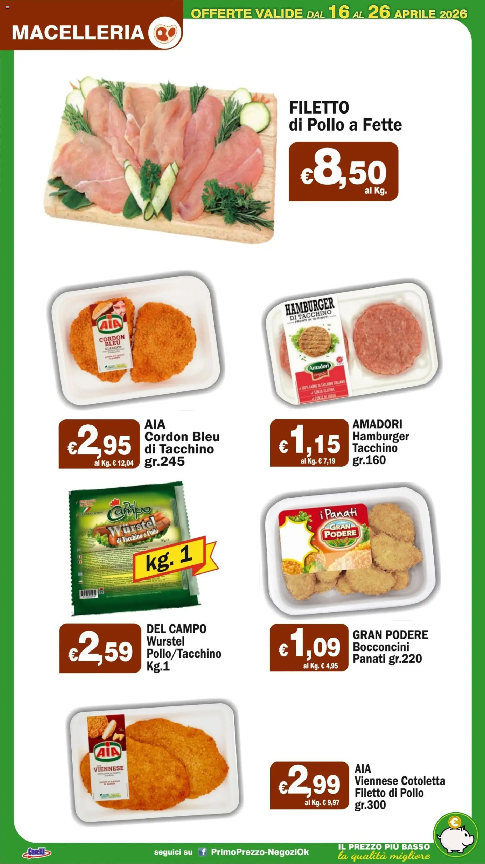 Volantino Primo Prezzo del 16.04.2026 | Pagina: 33 | Prodotti: Pollo, Tacchino, Wurstel, Hamburger
