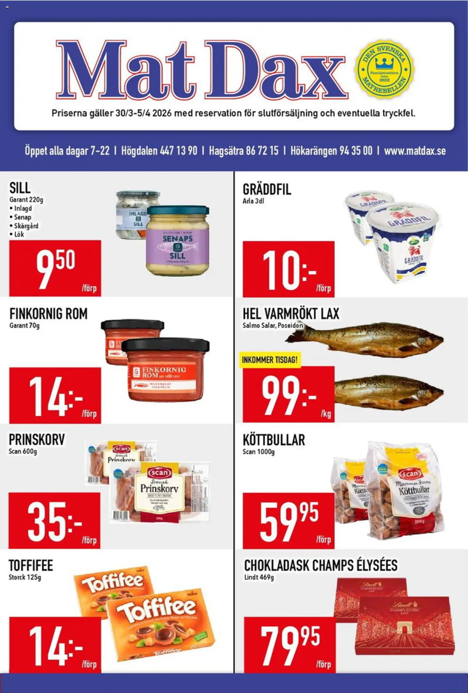 Matdax reklamblad aktuell från 30.03.2026 | Sida: 1 | Produkter: Senap, Köttbullar, Prinskorv, Lax