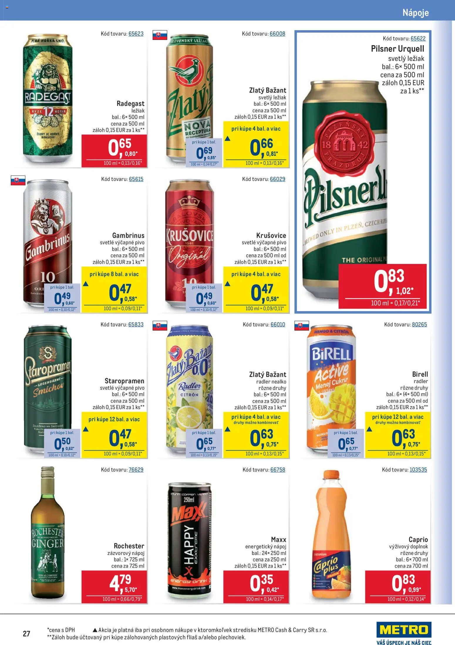 Nové Metro akcie – leták je platný od 10.12.2025 | Strana: 27 | Produkty: Radler, Krušovice, Zlatý Bažant, Gambrinus
