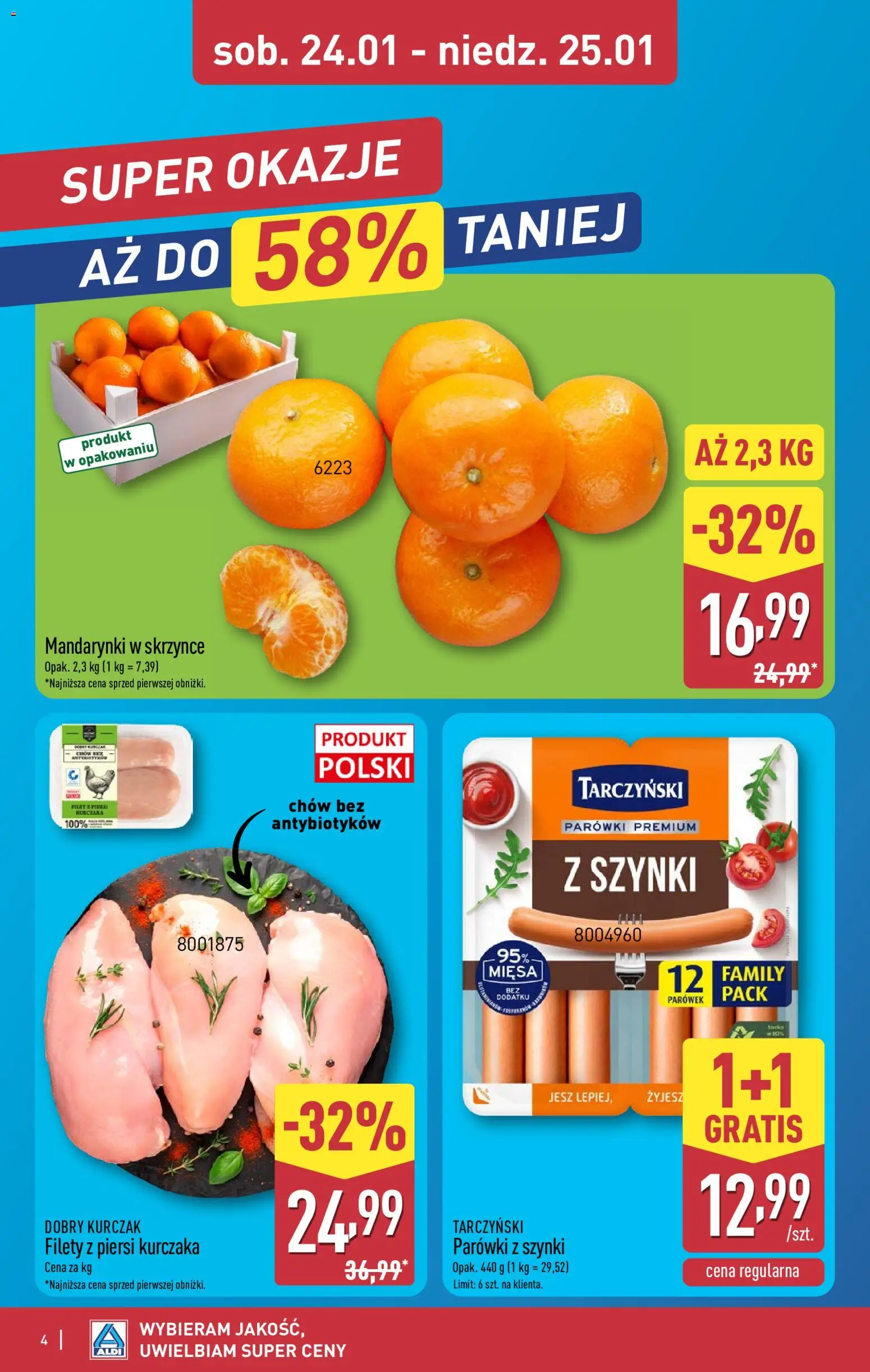 Aldi Gazetka - Okazje na weekend od 22.01.2026 | Strona: 4 | Produkty: Kurczak, Piersi, Parówki, Mandarynki