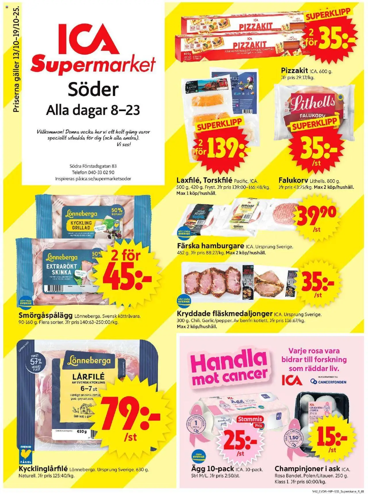 ICA Supermarket reklamblad aktuell från 13.10.2025 | Sida: 1 | Produkter: Hamburgare, Ägg, Skinka, Pizzakit