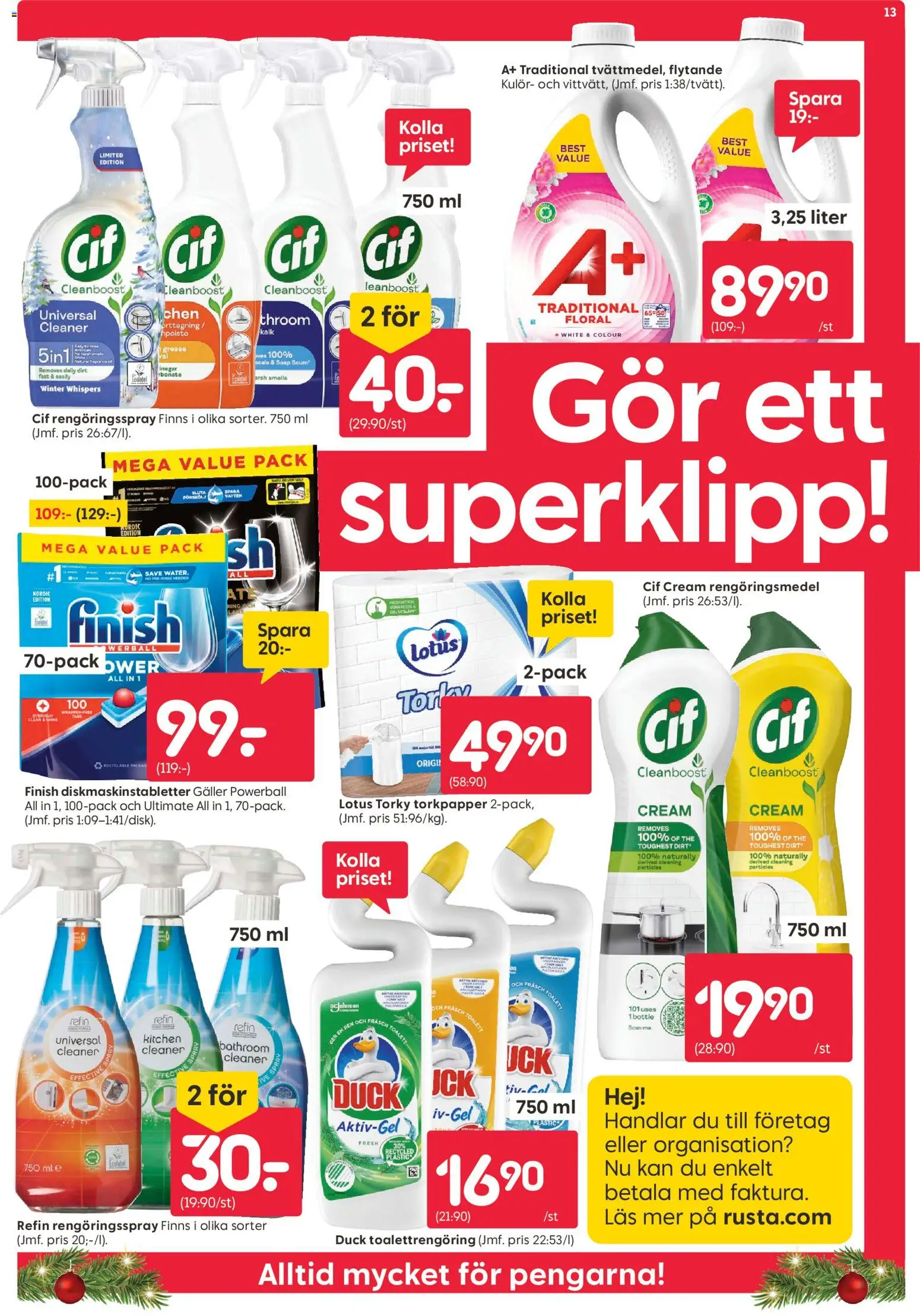 Rusta reklamblad aktuell från 03.11.2025 | Sida: 13 | Produkter: Rengöringsmedel, Diskmaskinstabletter, Galler, Rengöringsspray