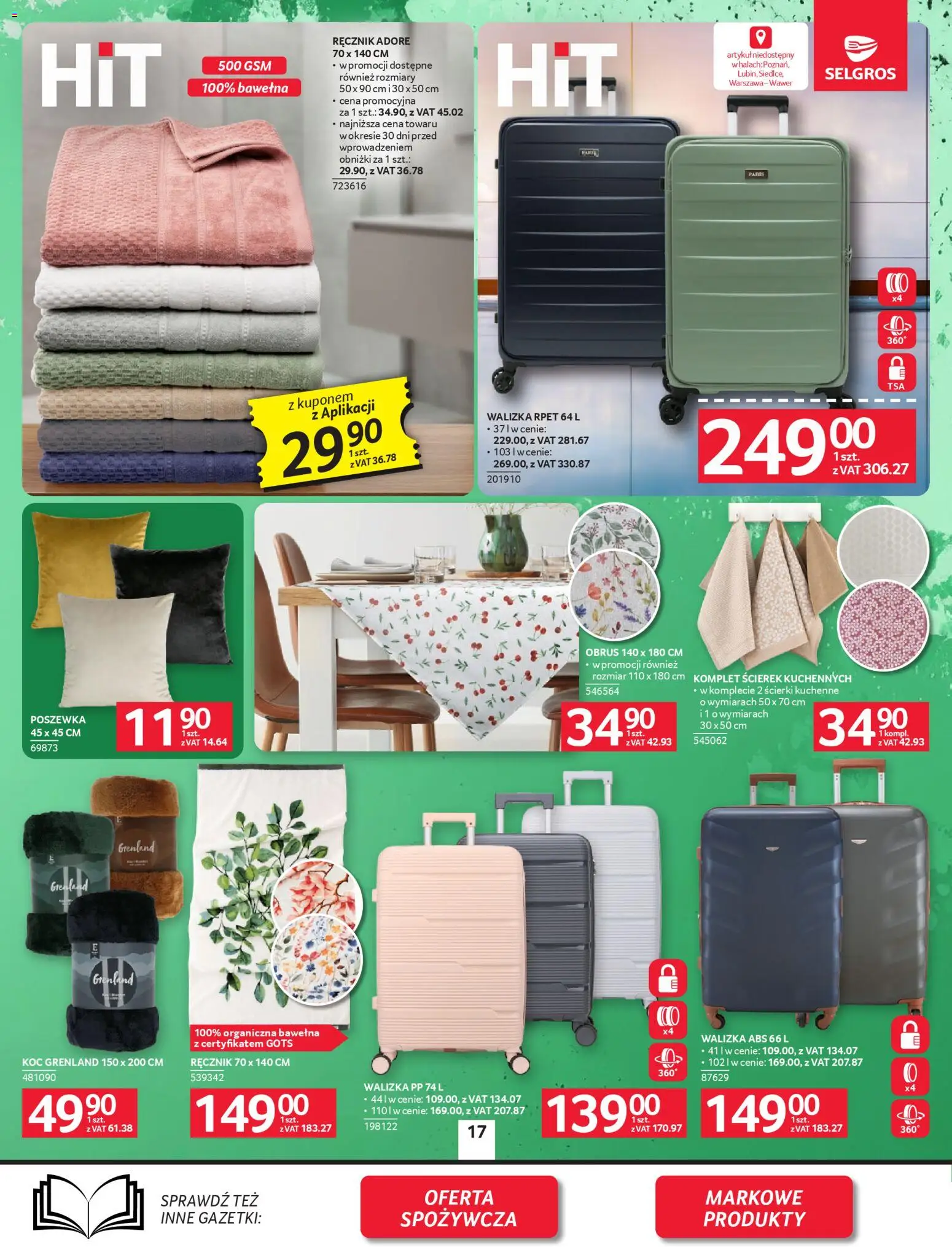 Selgros cash&carry - Oferta Przemysłowa od 09.04.2026 | Strona: 19 | Produkty: Ścierki kuchenne, Walizka, Koc