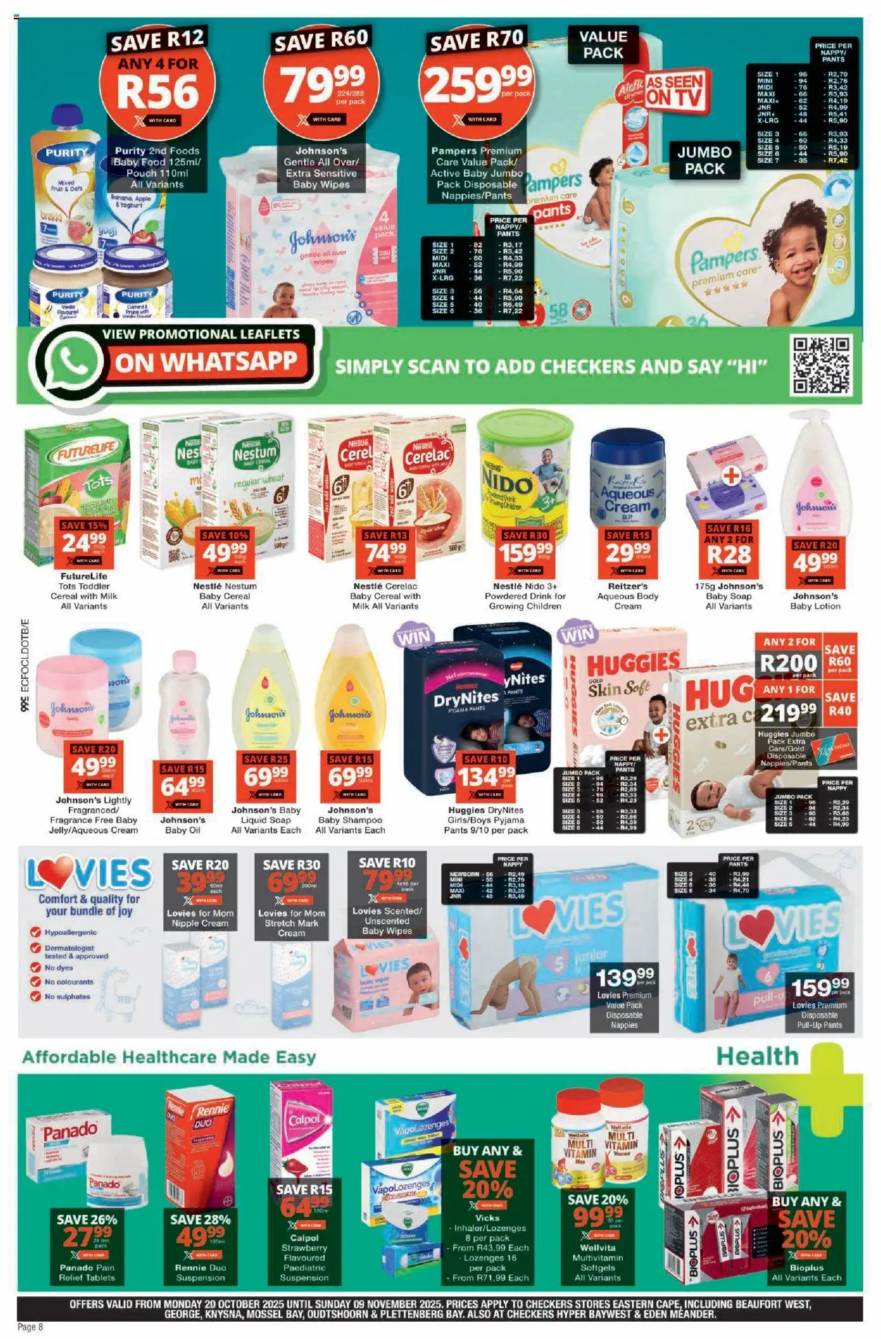 New Checkers catalogue – valid from 20.10.2025 | Page: 8 | Products: Custard, Oats, Oil, Nappies