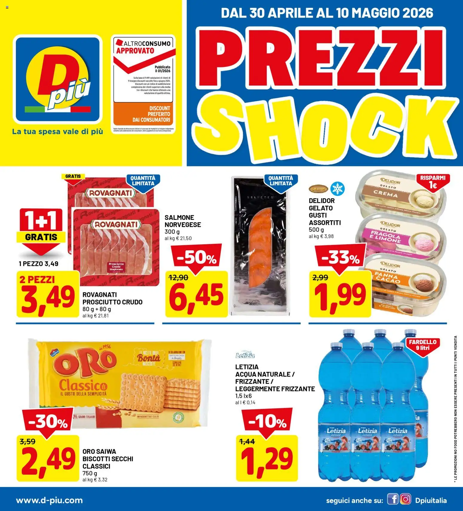 Volantino D Più del 30.04.2026 | Pagina: 1 | Prodotti: Crema, Panna, Biscotti, Acqua naturale