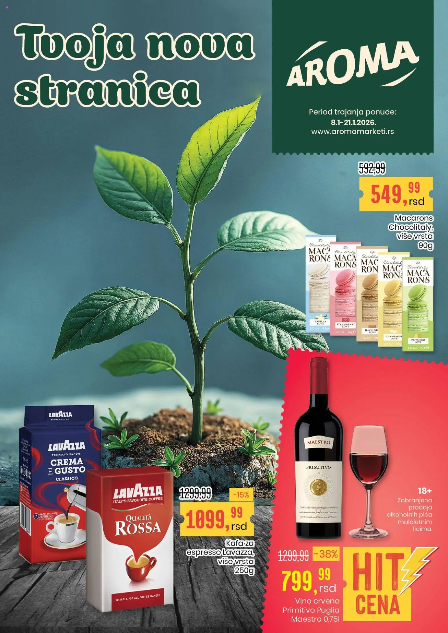 Aroma Market katalog - važi od 08.01.2026 | Strana: 1 | Proizvode: Macarons, Pica, Vino, Lavazza