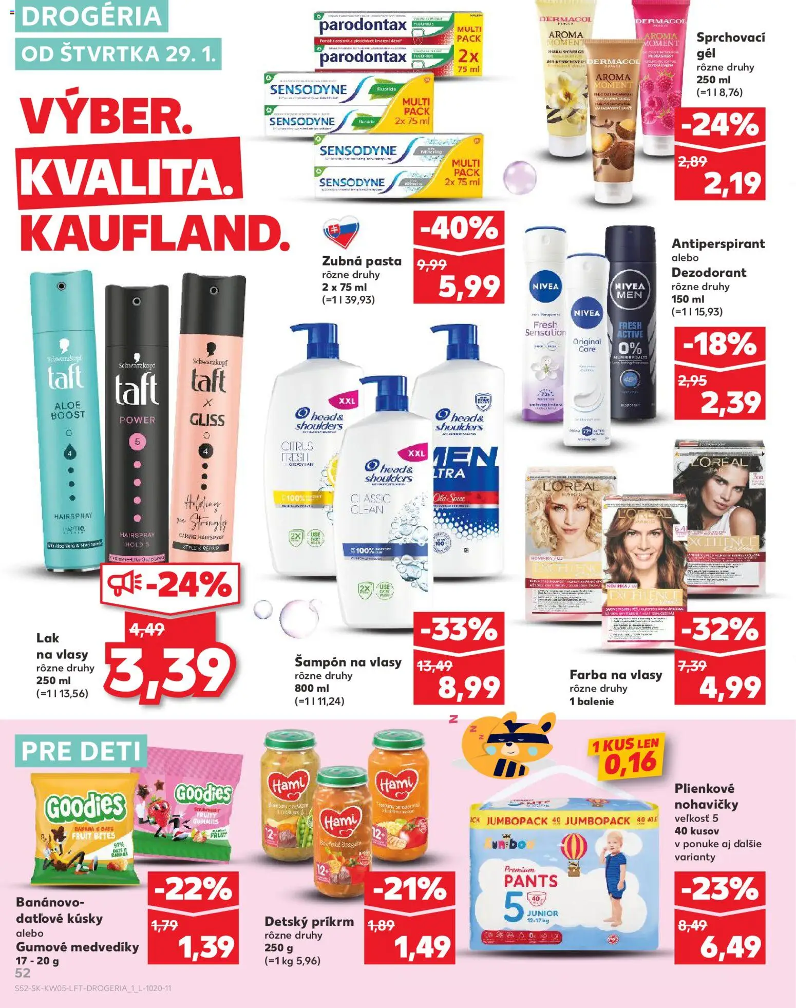 Nové Kaufland akcie – leták je platný od 29.01.2026 | Strana: 52 | Produkty: Lak na vlasy, Farba na vlasy, Antiperspirant, Zubná pasta
